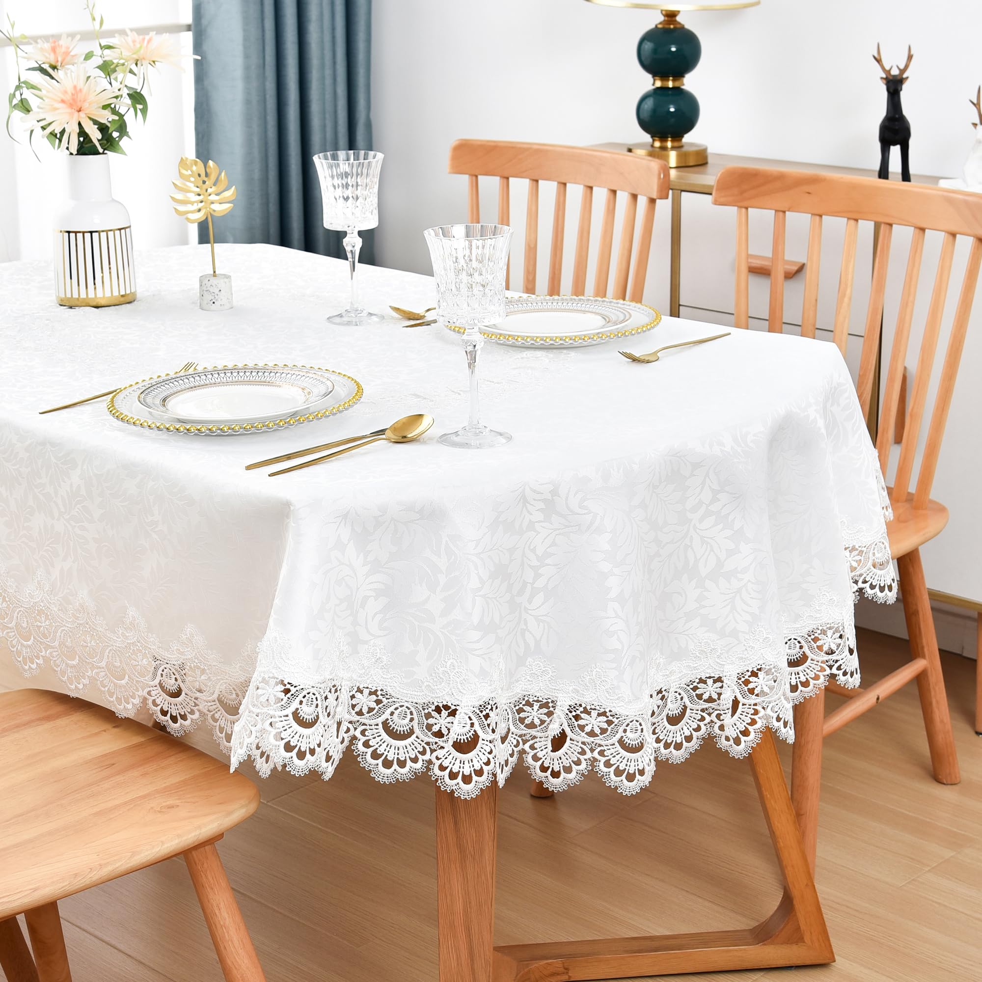 Elegant White Lace Jacquard Oval Tablecloth Tabletop Decoration Cover For Oval Tables Home Decoration 60 X 84 Inch