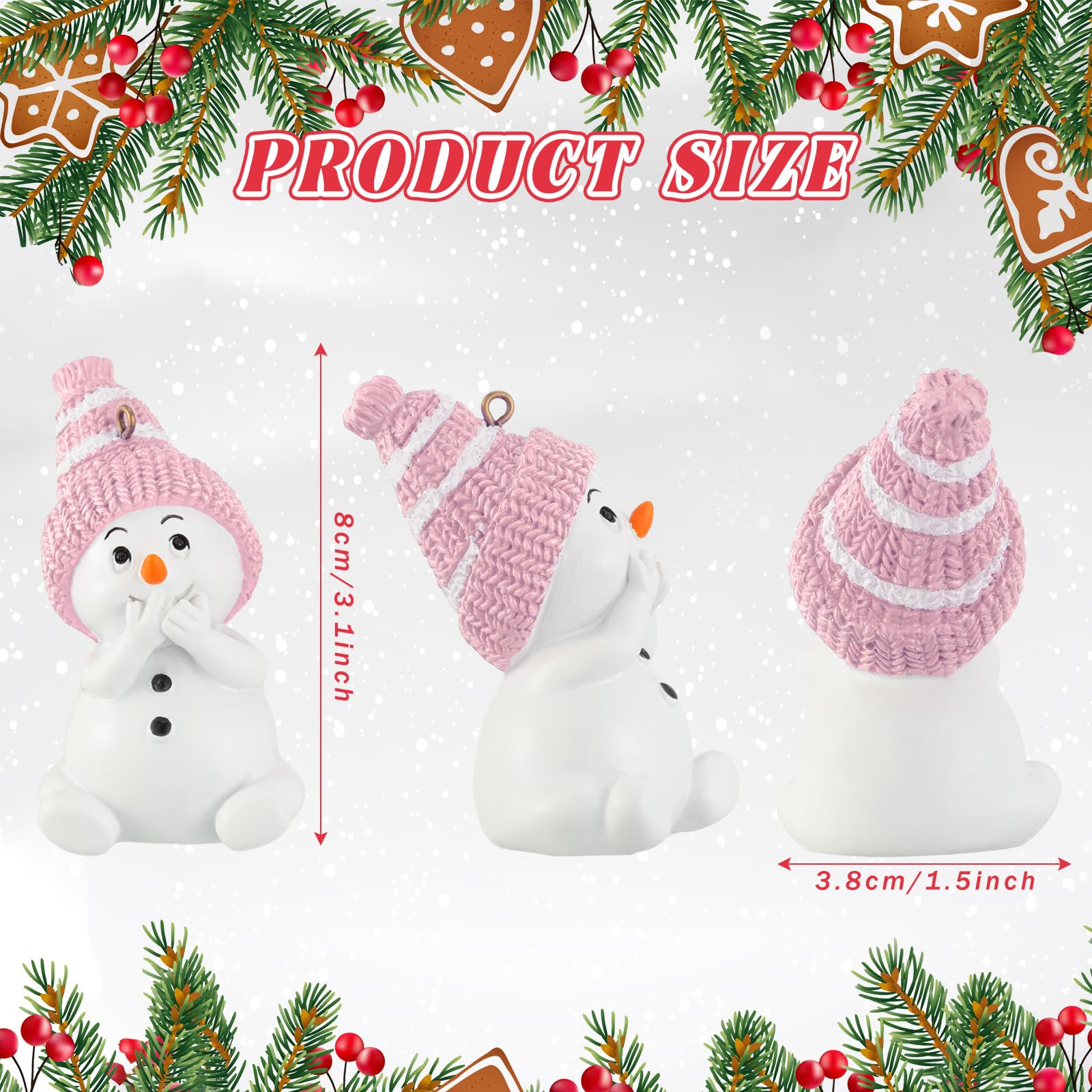 Lyrow 6 Packs Resin Pink Snowman Christmas Ornament with Various Animated Faces Christmas Tree Hanging Decorations, Party Decors
