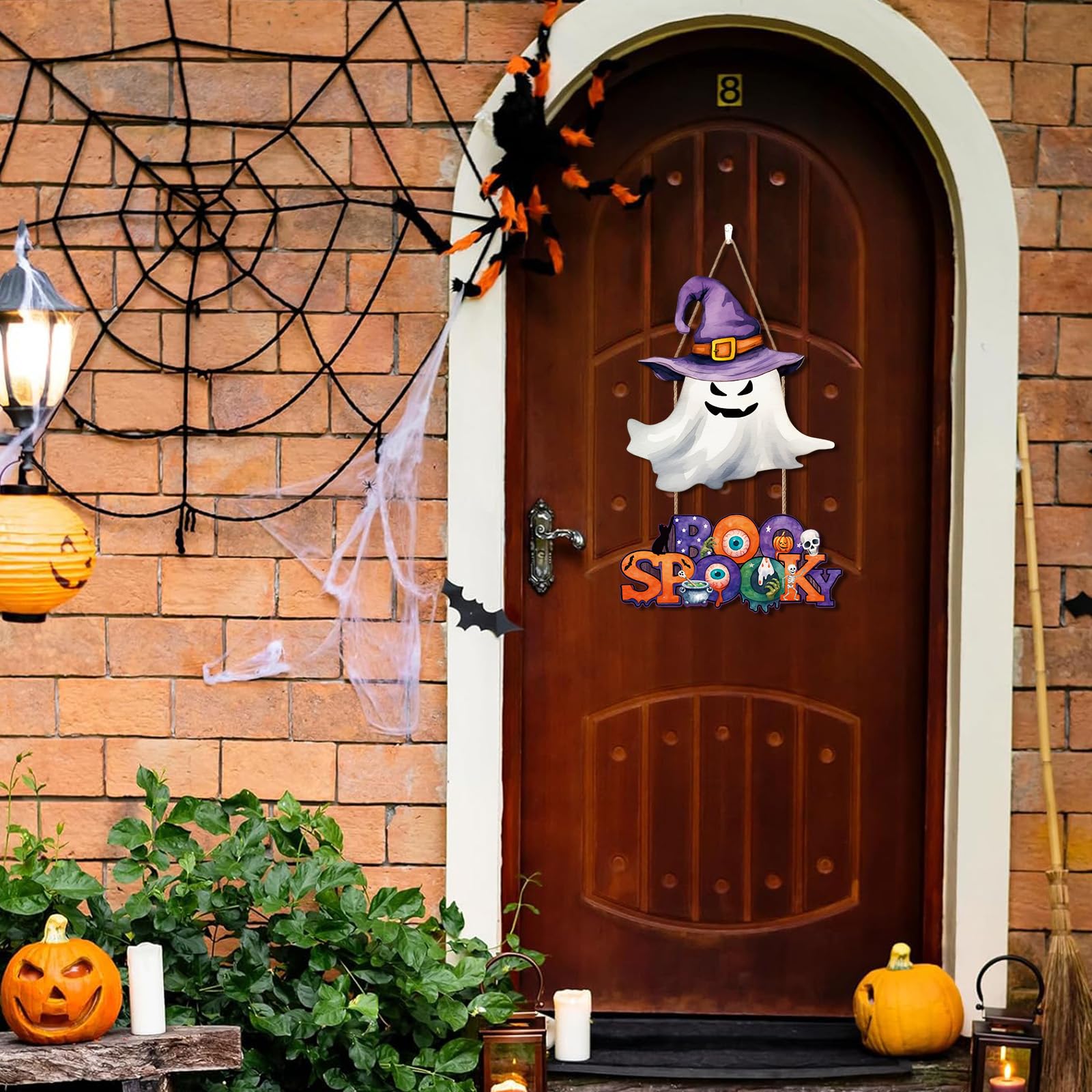 Ausril Happy Halloween Sign,Ghost Door Sign,Spooky Halloween Door Decoration, Boo Ghost Wreath,Black Cat Skull Wall Decor,Scary