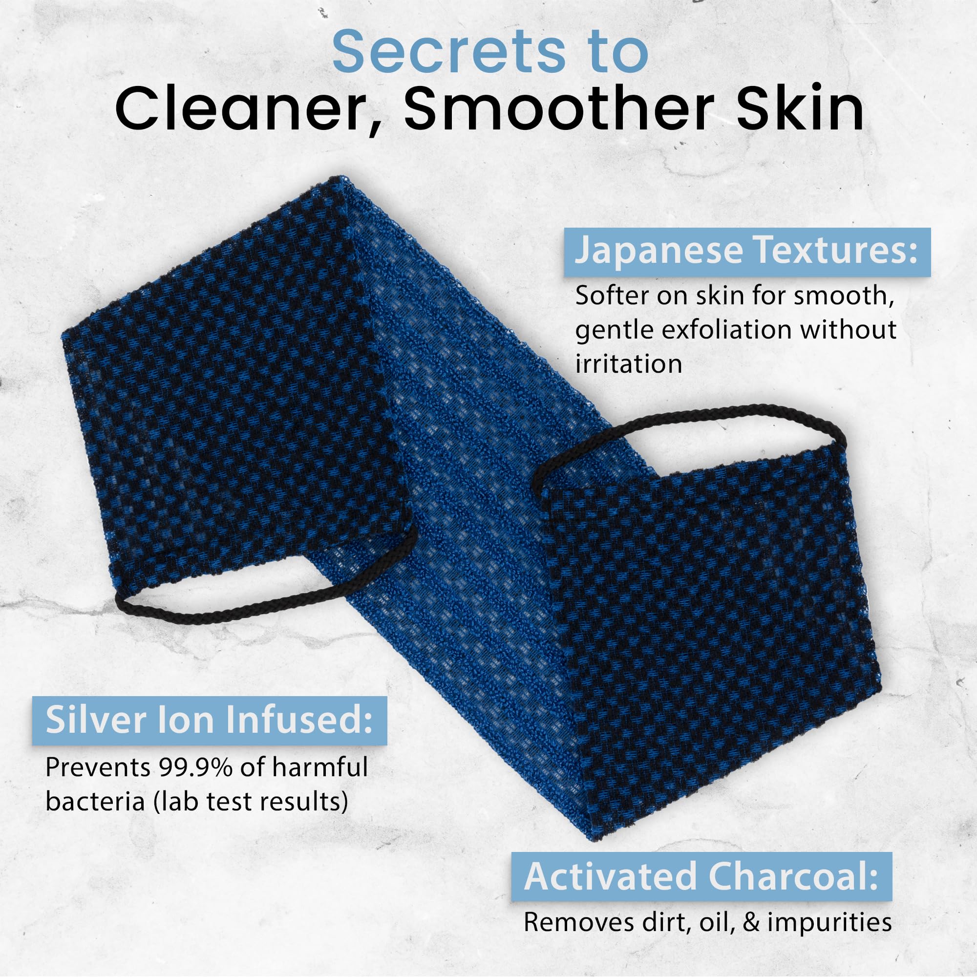 Shower Bouquet Japanese Exfoliating Washcloth - Charcoal & Silver Ion, 1 Count, Blue, Model SB-C-B1