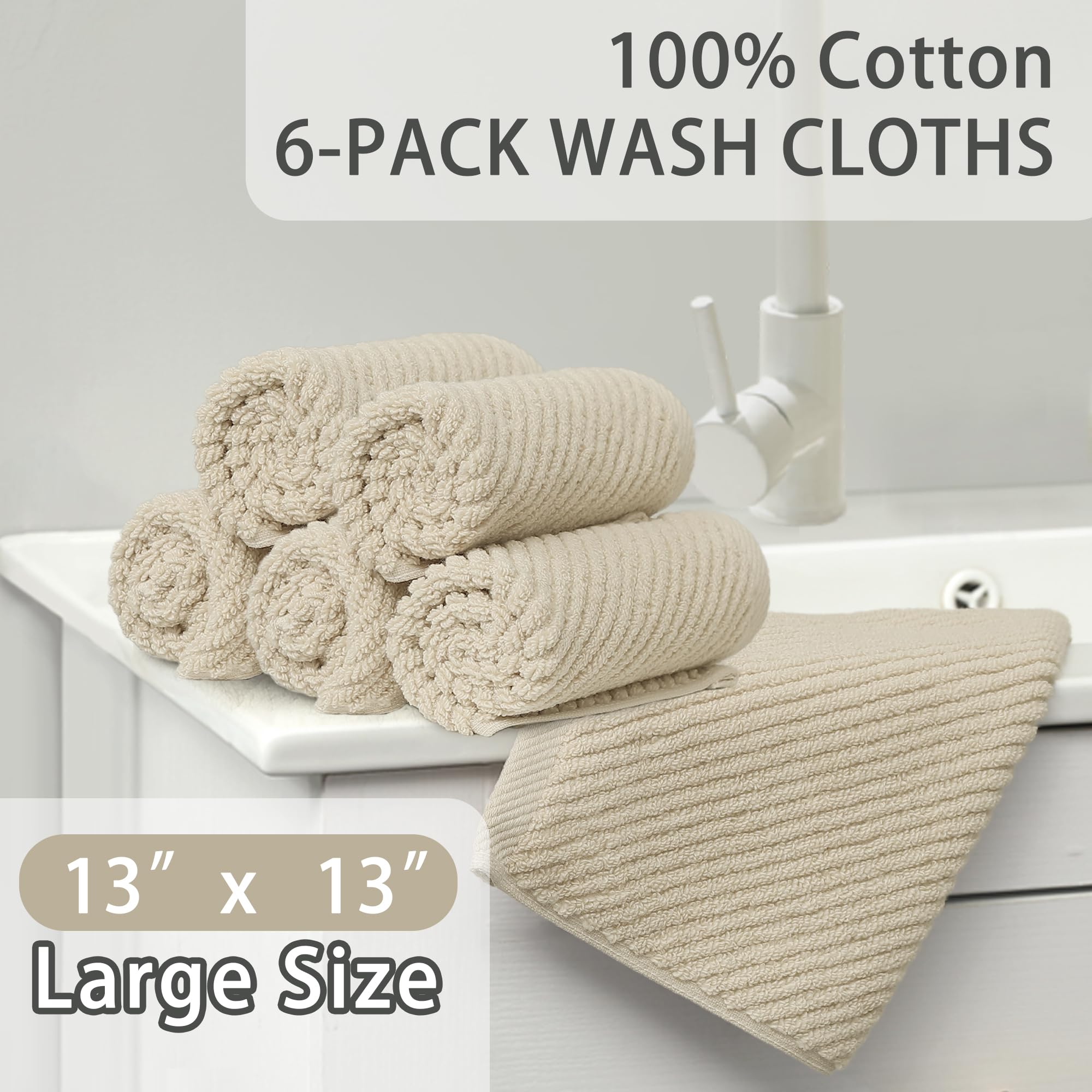 Cotton Washcloths - 6Pc 13''X13'' | Quick Dry | Soft | Light Weight | Absorbent | Hotel Quality, Luxury Wash Cloths For Body, Ha