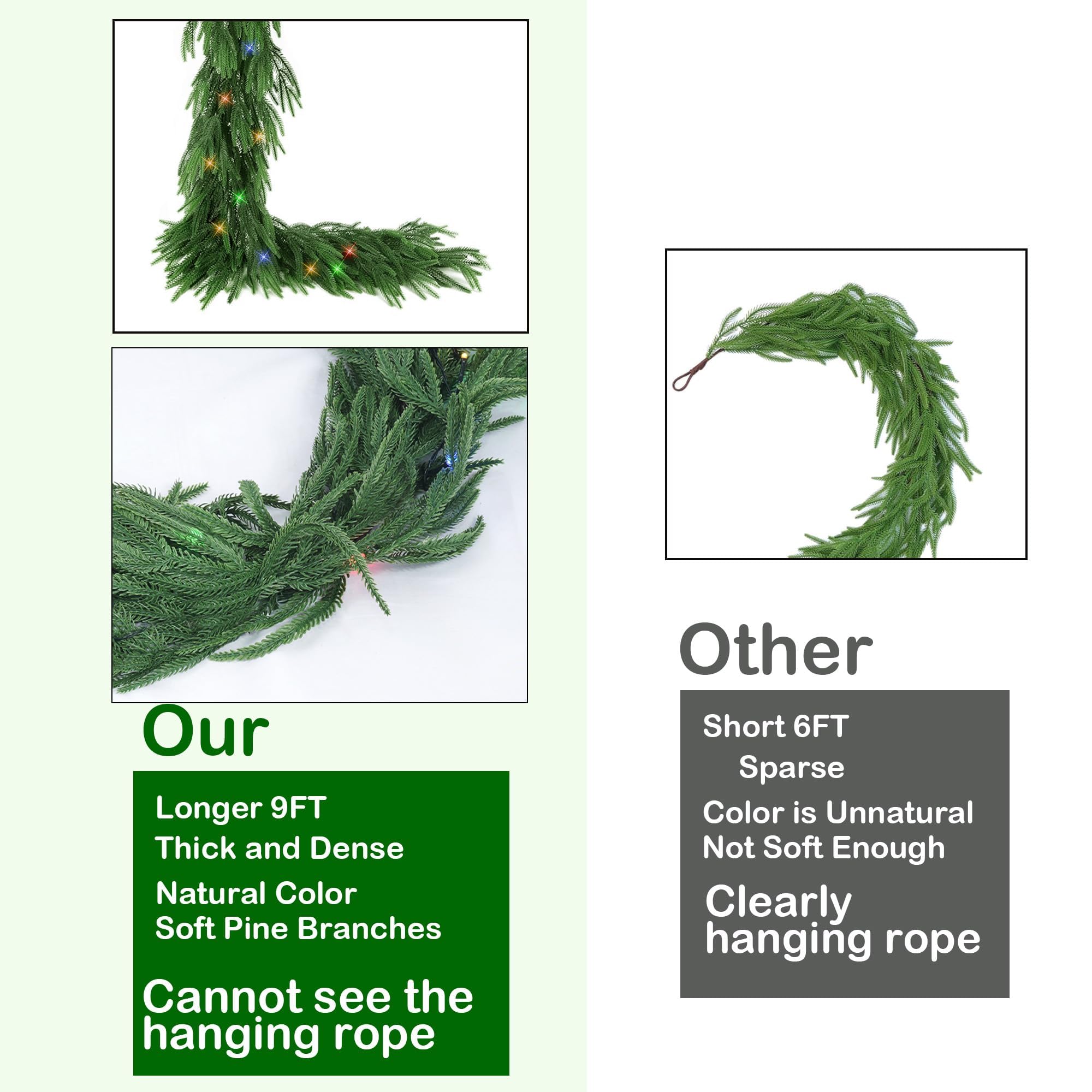 TW SHINE 9 FT Pre-Lit Christmas Garland Decorations, 50 LED Lighted Artificial Norfolk Pine Garlands with 8 Modes, Green Garland