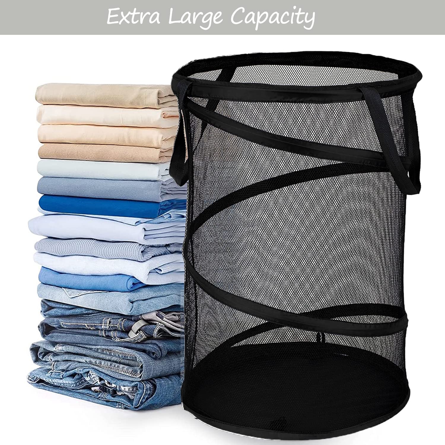 Battoo Black X-Large Collapsible Laundry Basket Foldable Mesh Pop Up Hamper With Handles For Laundry Room, Bathroom, Kids Room,