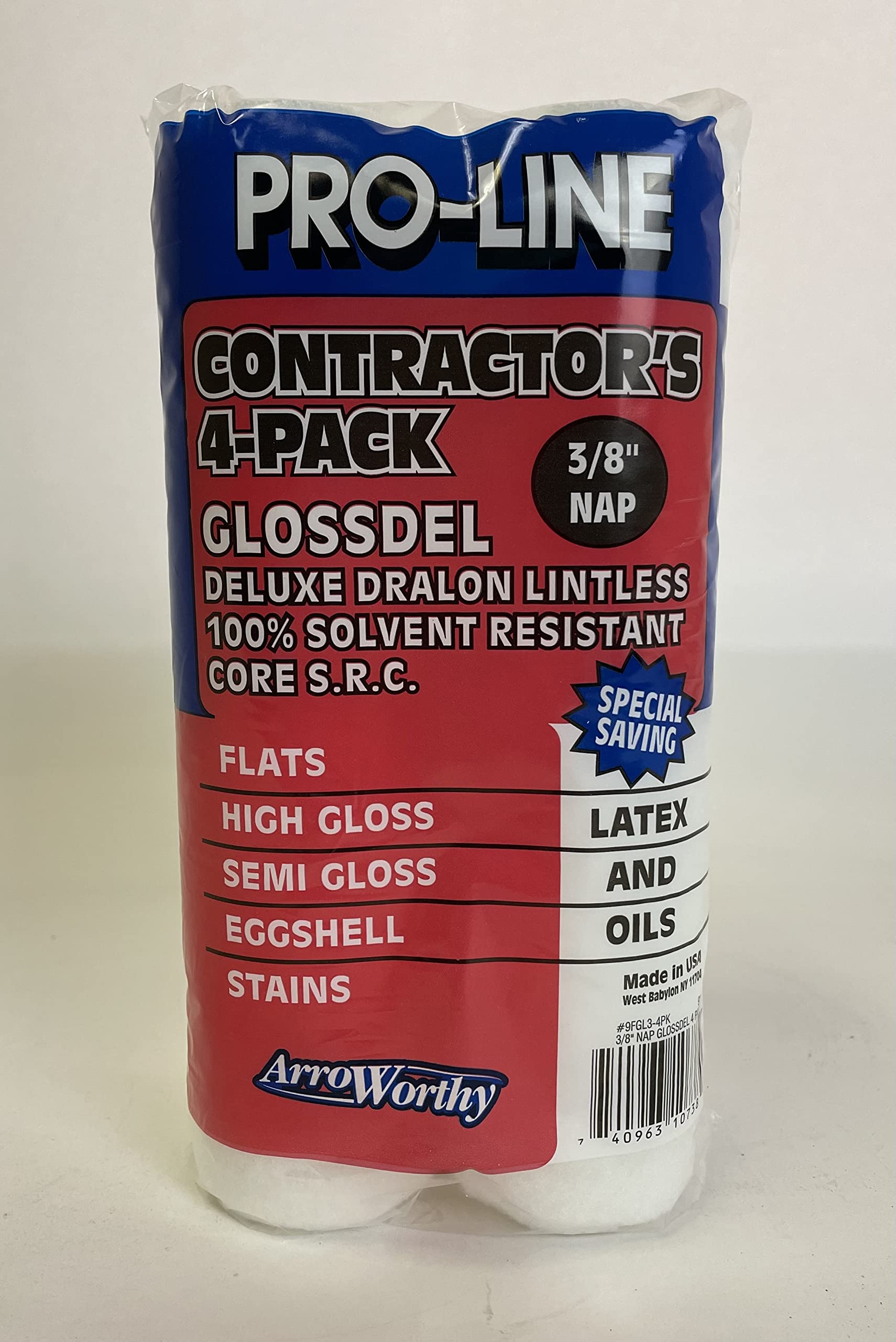 9Fgl3-4Pk 9'' 3/8'' Nap Glossdel Lintless - White Roller Cover 4/Pack