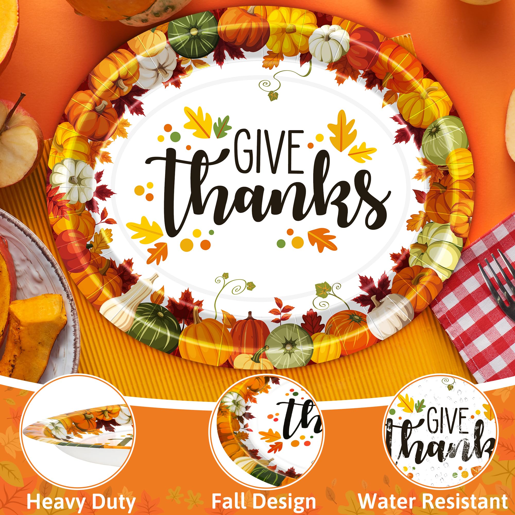 QZYL 50 Pcs Thanksgiving Plates, 12.2 x 10.2 Inches Disposable Heavy Duty Paper Plates, Oval Thanksgiving Disposable Plates Autu