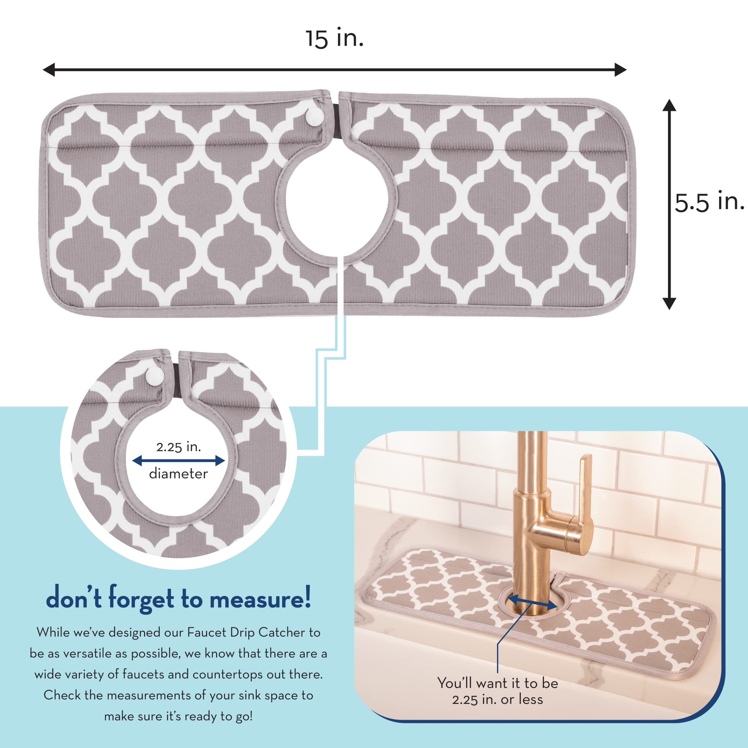 S&T Inc. Microfiber Kitchen Faucet Sink Mat Drip And Splash Catcher With Snap Fastener, Absorbent And Reversible, 15 Inch X 5.5