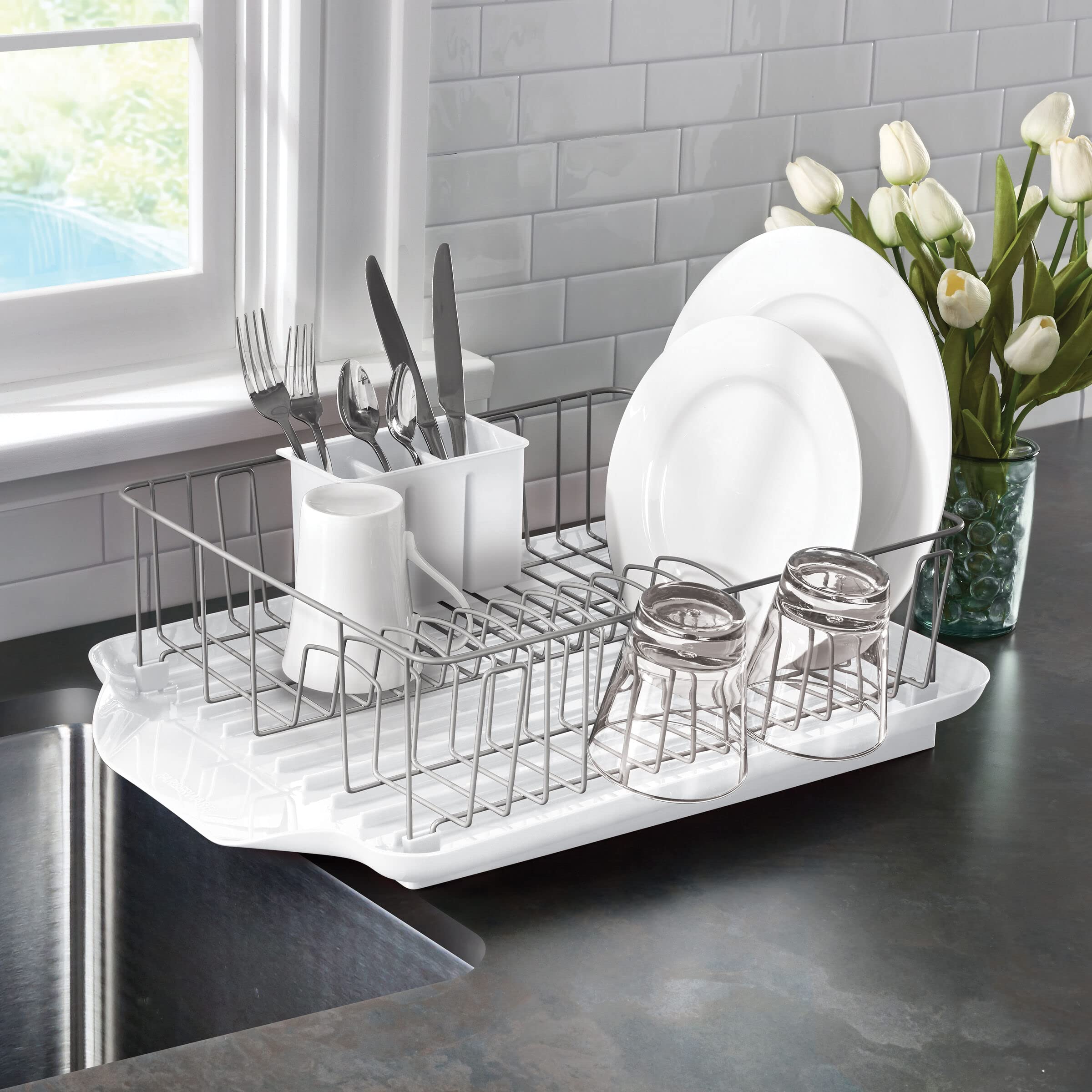 Farberware Classic Large Dishrack, Rust Resistant with Removable Flatware Caddy, 3-Piece, White, Model 5290287