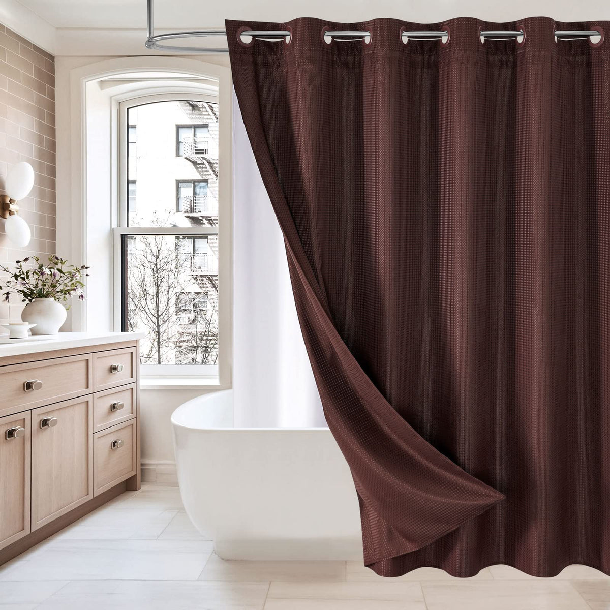Mitovilla Brown Waffle Long Shower Curtain 72 X 80, No Hooks Needed 80 Inch Long Heavyweight Fabric Shower Curtain Set With Snap