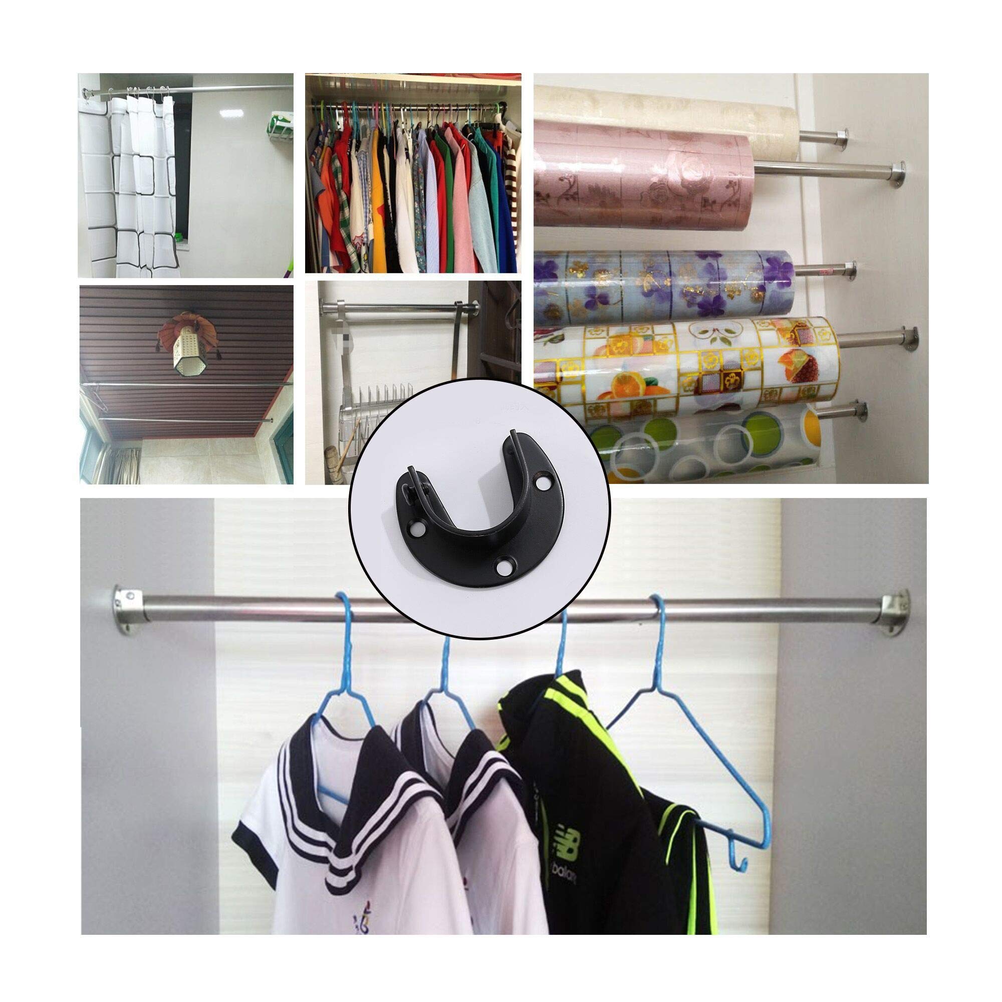 U Shape Shower Rod Holder 4Pcs Curtain Rod Bracket Stainless Steel Closet Rod Holder 1'' & 1-1/4'' Diameter Heavy Duty Pole Flan
