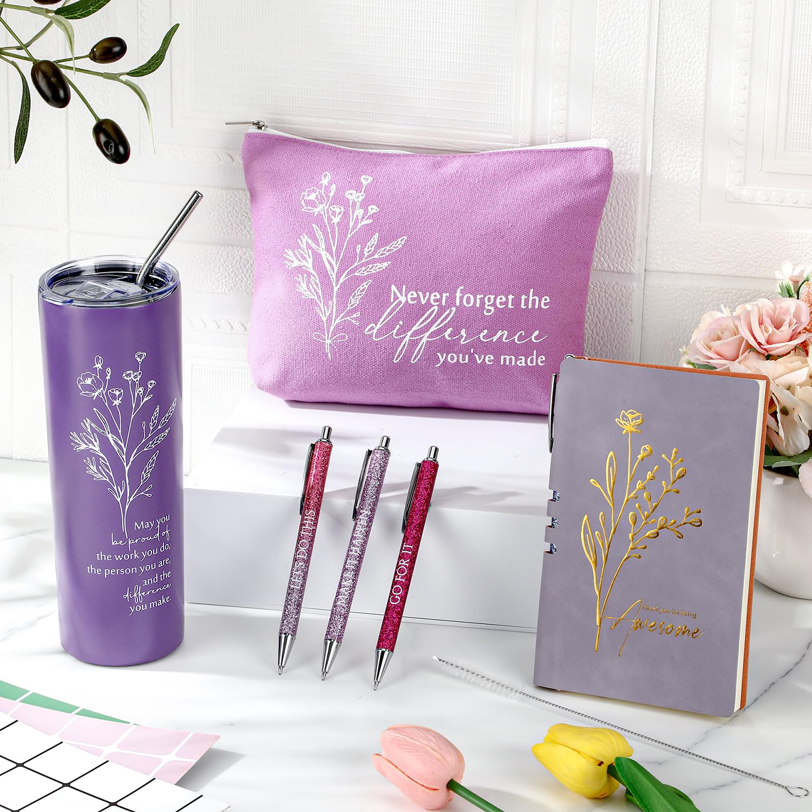 Funnymoom 6 Pcs Employee Appreciation Gift Thank You May You Be Proud 20 oz Boho Flower Tumbler Makeup Bag A6 Leather Journal Ba