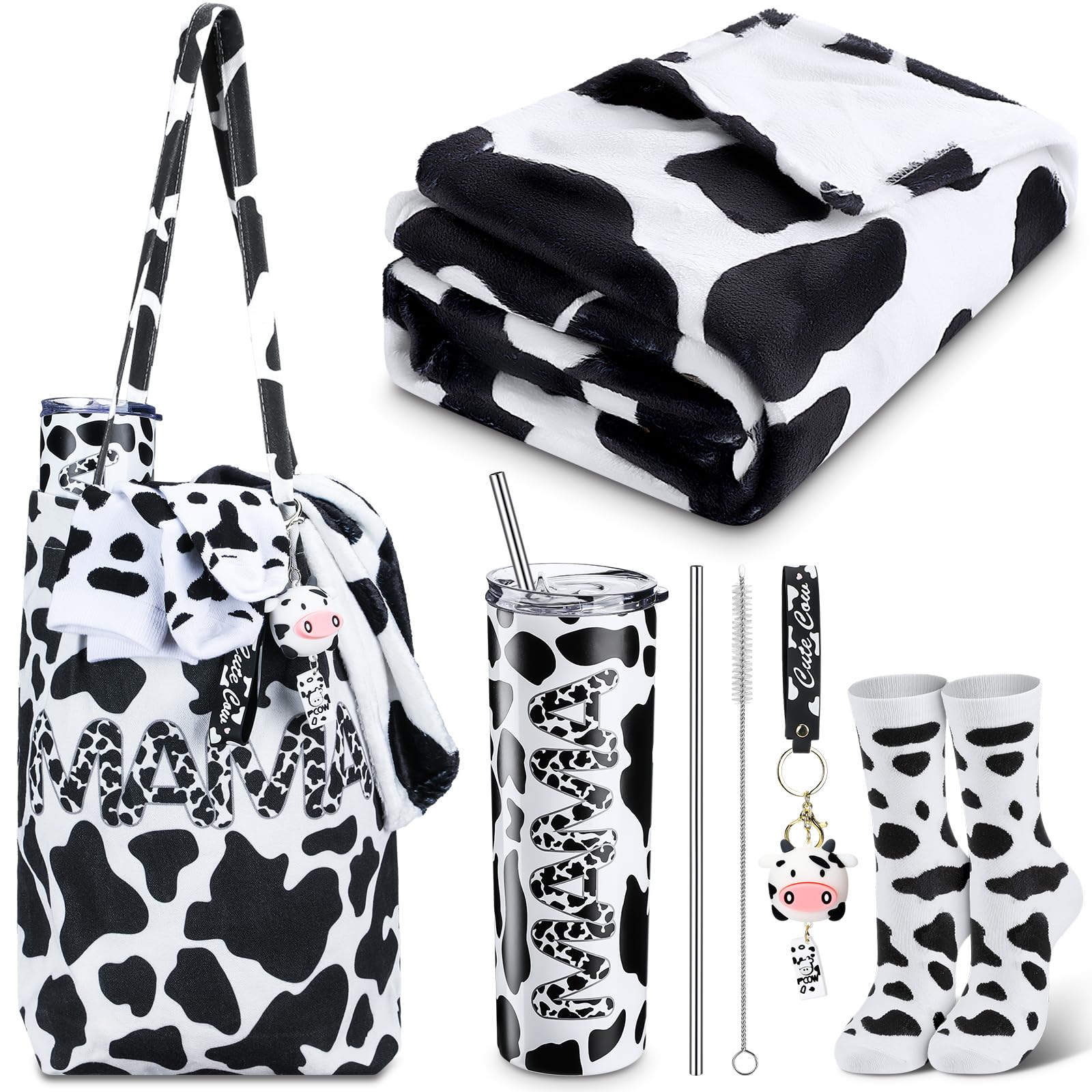 Yaomiao 5 Pcs Cow Gifts Sets for Women Mom Including 20 oz Cow Pattern Stainless Steel Tumbler with Lid Straw Tote Bag Warm Thro