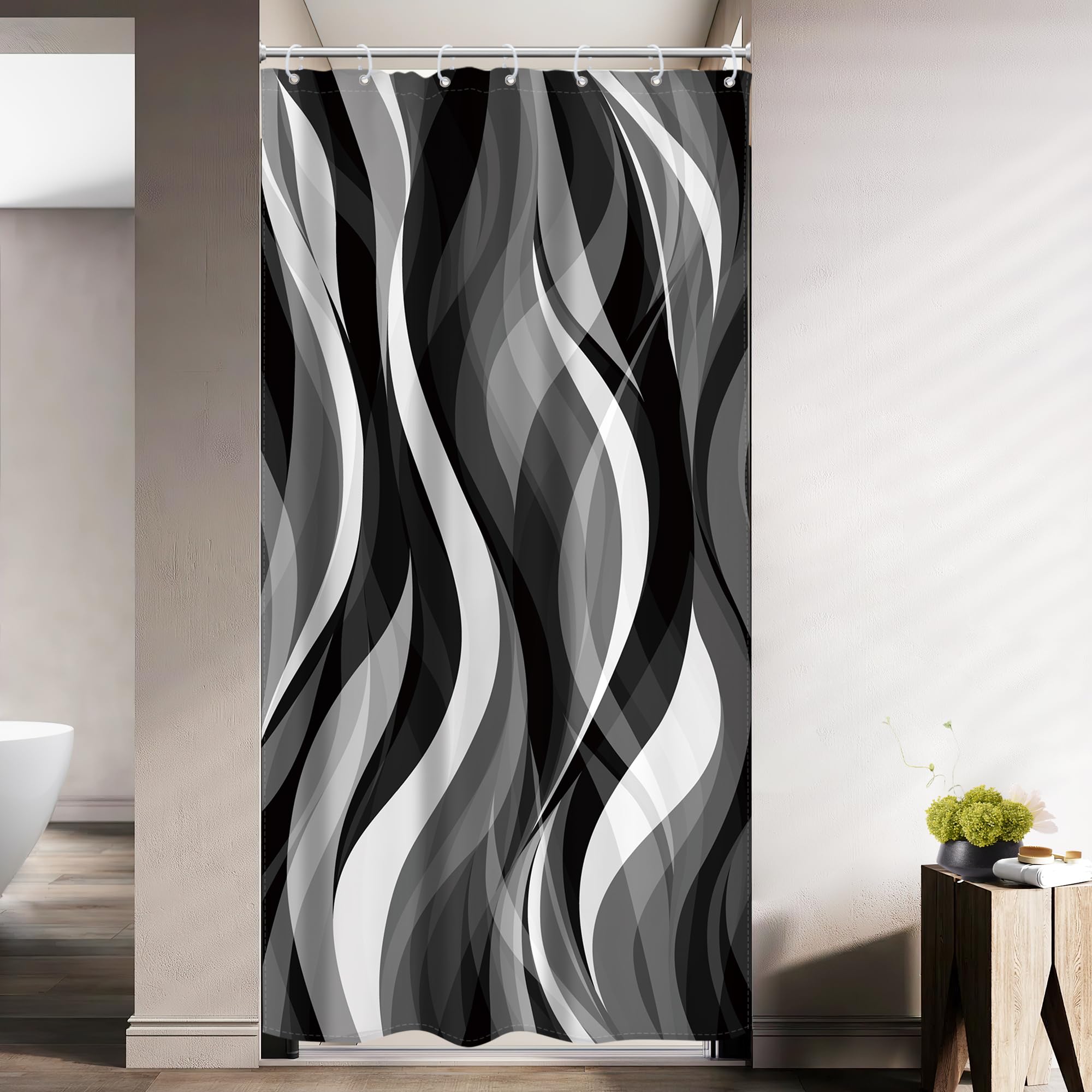 Riyidecor Stall Small Rv Black White Grey Shower Curtain Half Size Narrow Abstract Striped Minimalist Geometric Modern 36Wx72H I