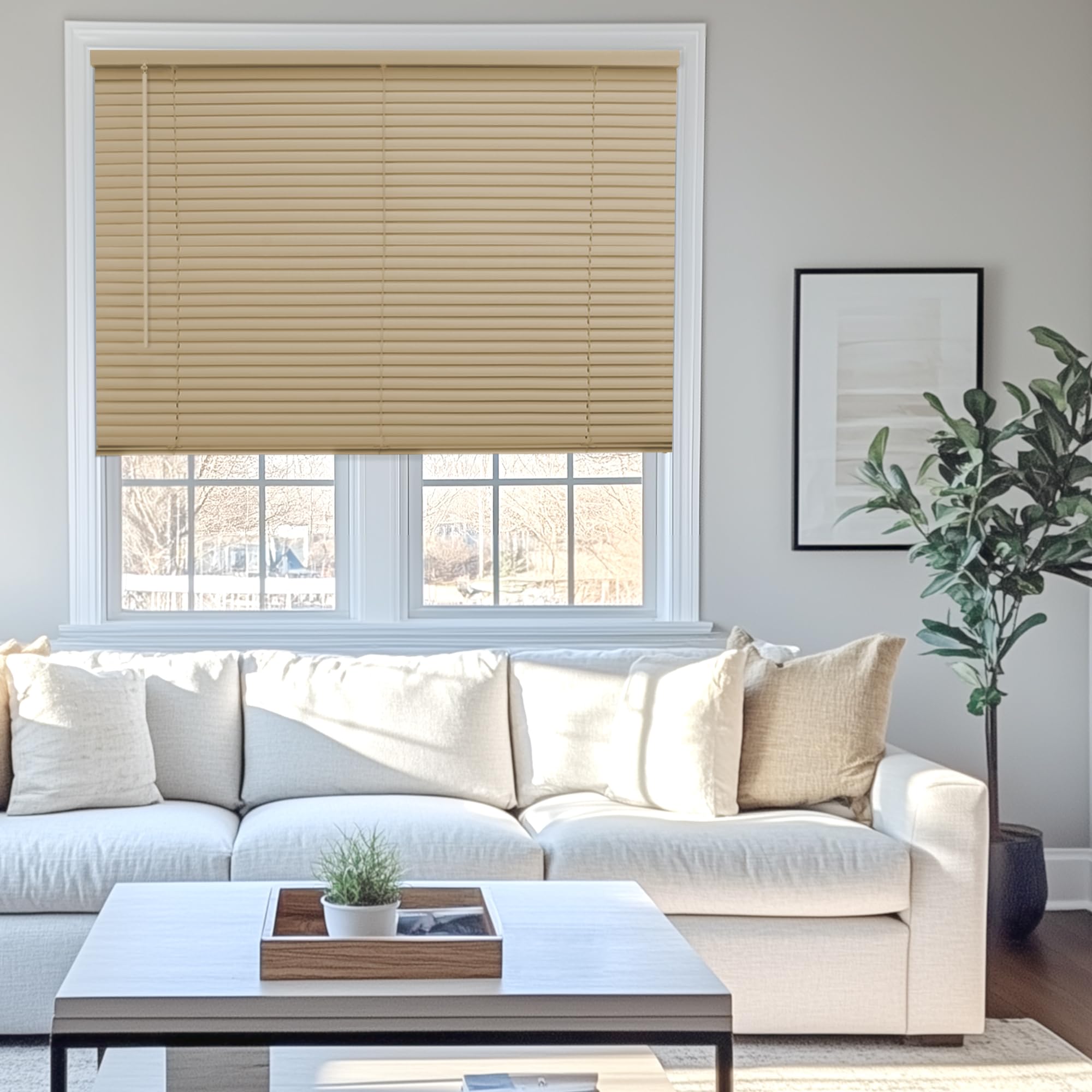 CHICOLOGY Mini Blinds for Indoor Windows - 42W x 48H, Cappuccino Horizontal Vinyl Blinds | Cordless | Easy to Install | Sleek Lo