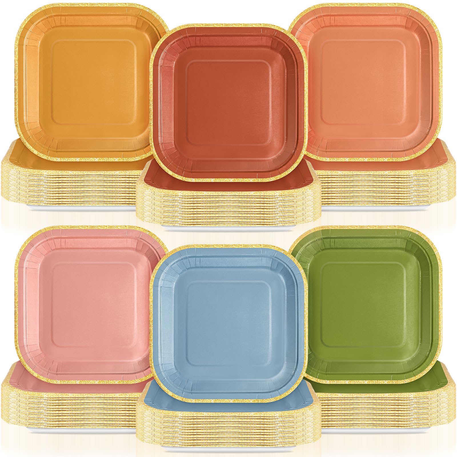 Tiangrid 120 Pcs Bright Wildflower Colorful Vintage Paper Plates 7 Inch Gradient Disposable Square Dessert Party Plates with Gol