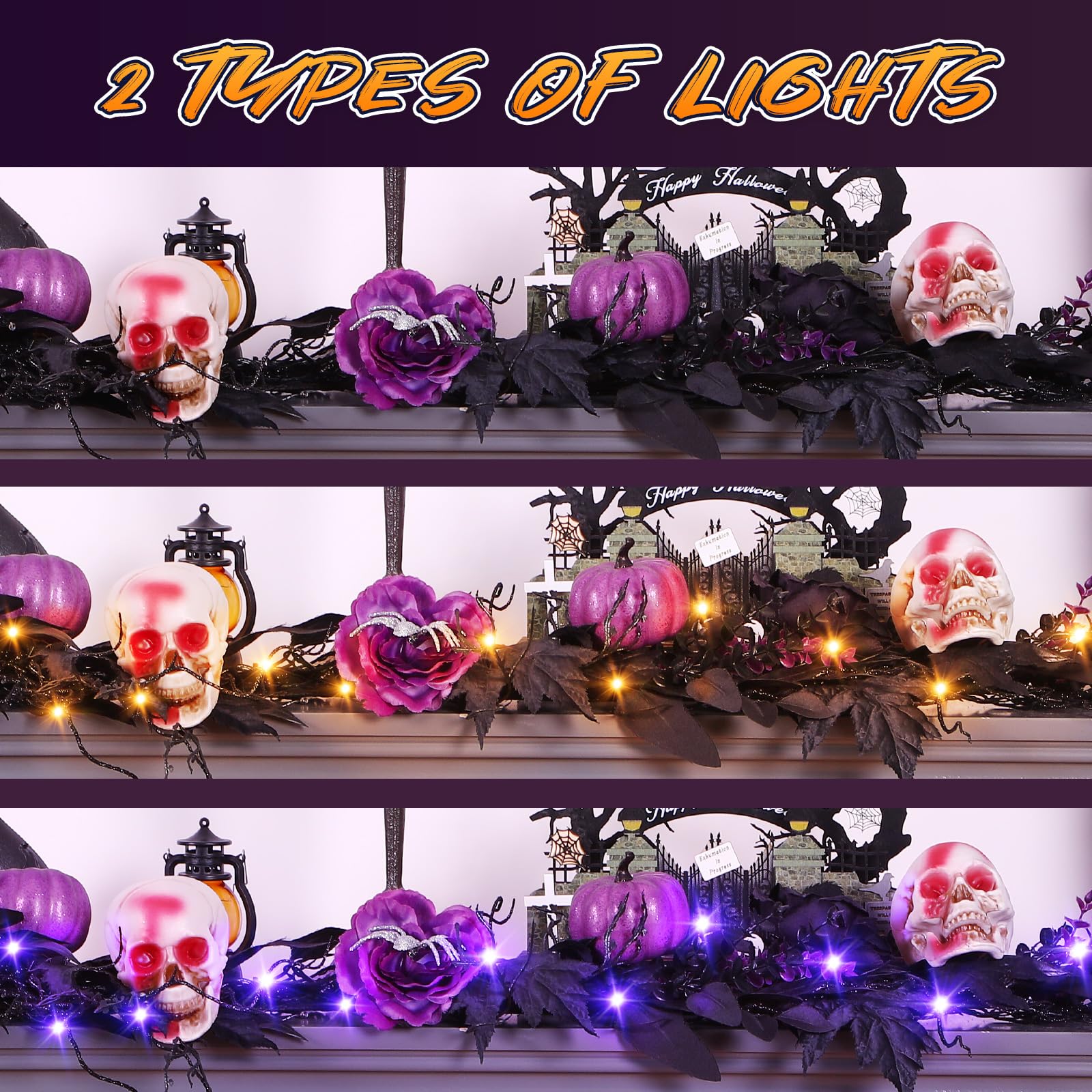 SHareconn 6FT Halloween Garland with Purple Lights Battery Operated and Timer, Pre-Lit Black Maple Leaves Garland Decorations fo
