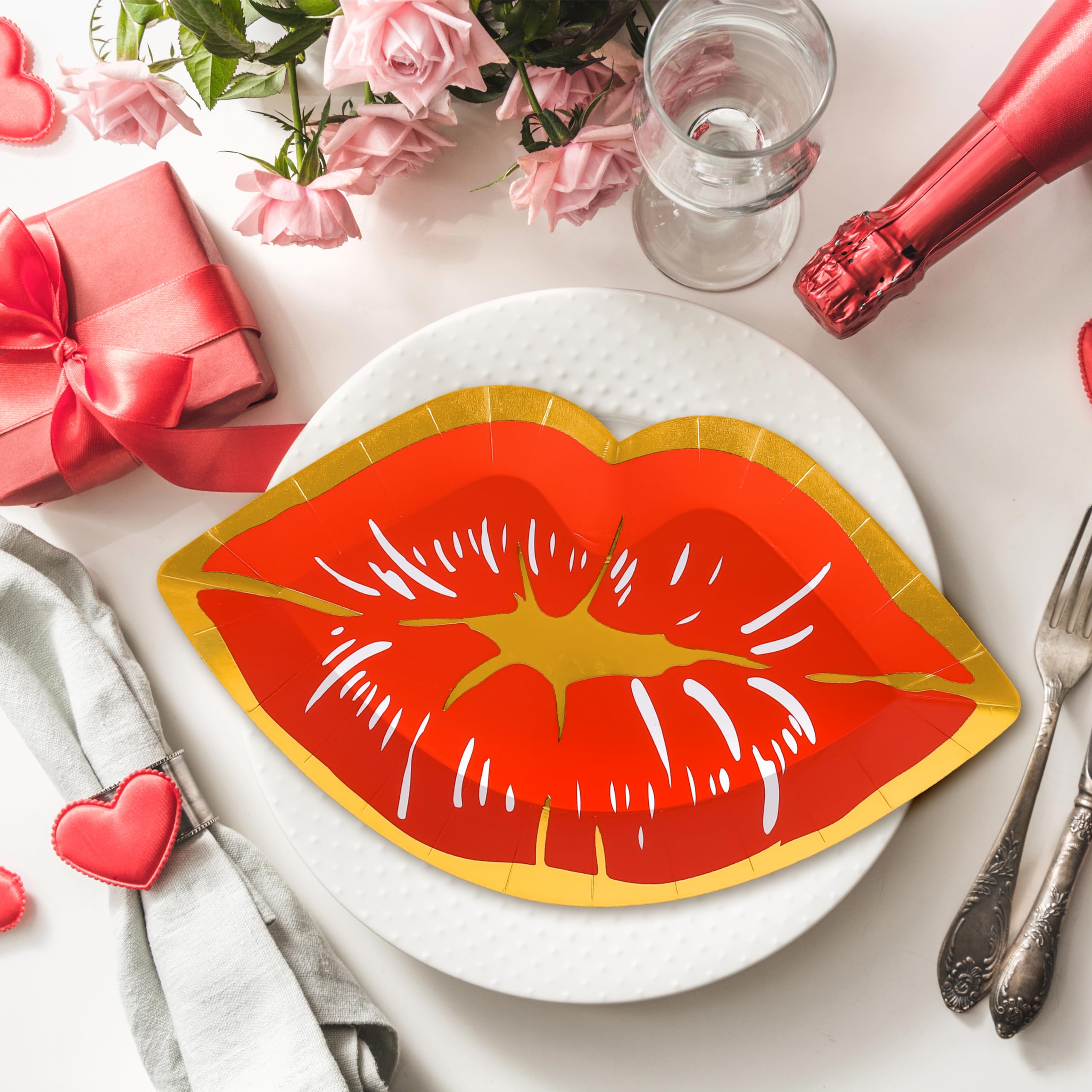 Jarthenaamcs 40Pcs Valentines Day Paper Plates Red Lips Shape Disposable Plates Gold Foil Border Decorative Tableware For Desser