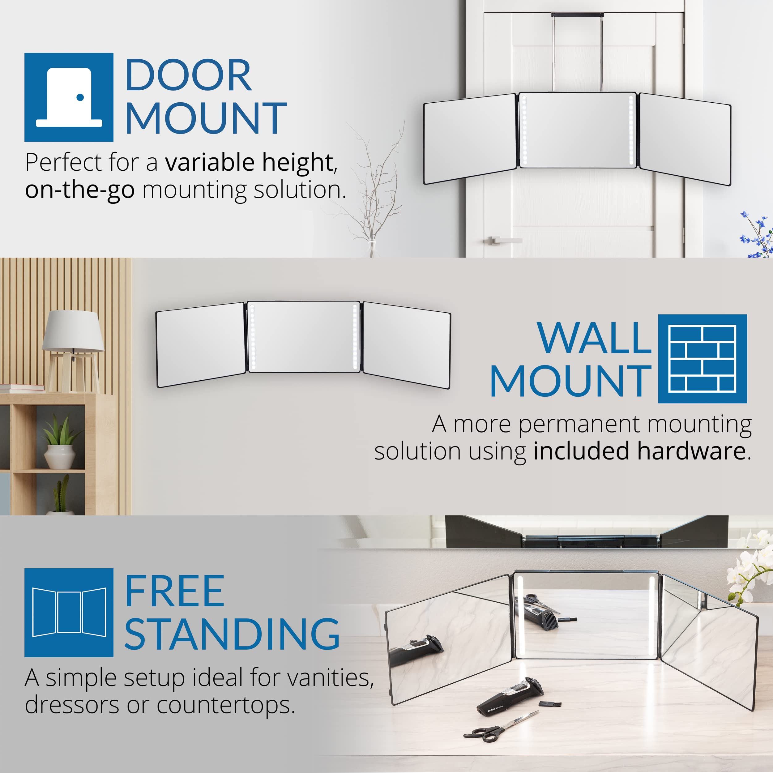 Bluelilly Co. 3 Way Mirror, Three Way Mirror For Braiding Hair & Hair Styling, Led Mirror, 360 Mirror