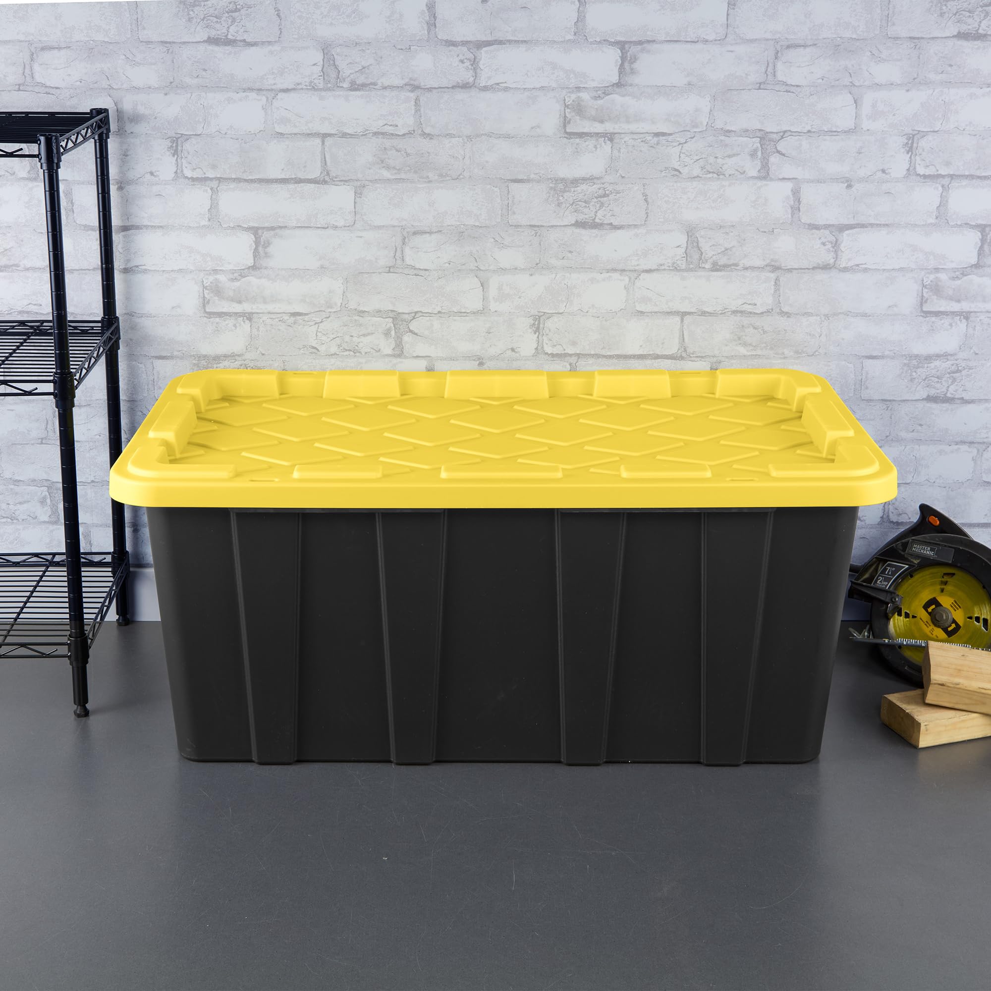 Sterilite 4-Pack Stackable Storage Bins, Heavy Duty Totes W/ Lids, 38 Gallon, Black/Yellow