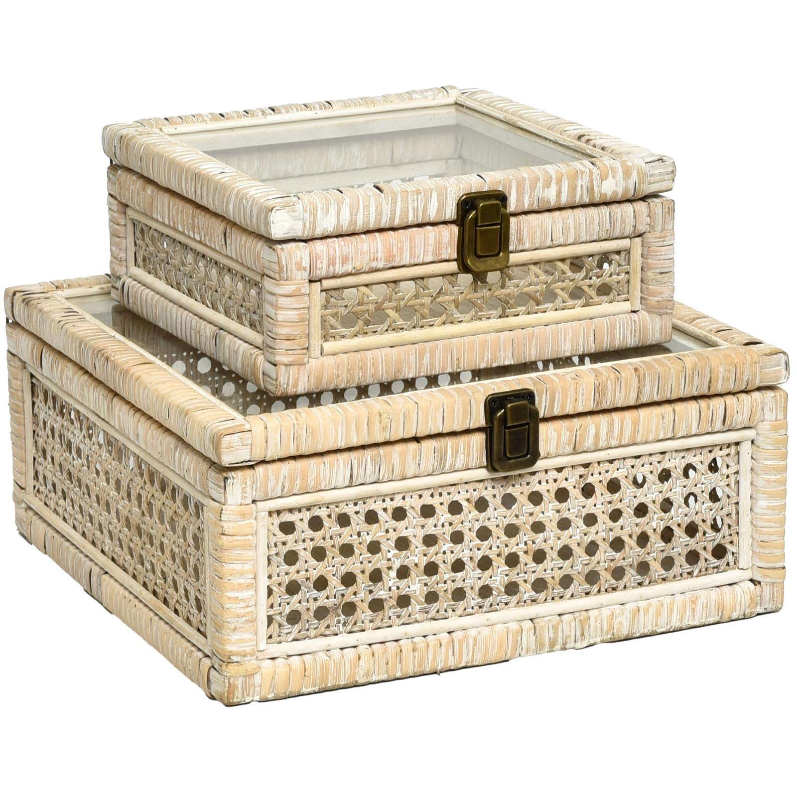 DECOR4SEASON Rattan and Cane Square Stacking Boxes with Glass Top Lid - Set of 2 for Boho, and Rustic Farmhouse D  cor, White Wa