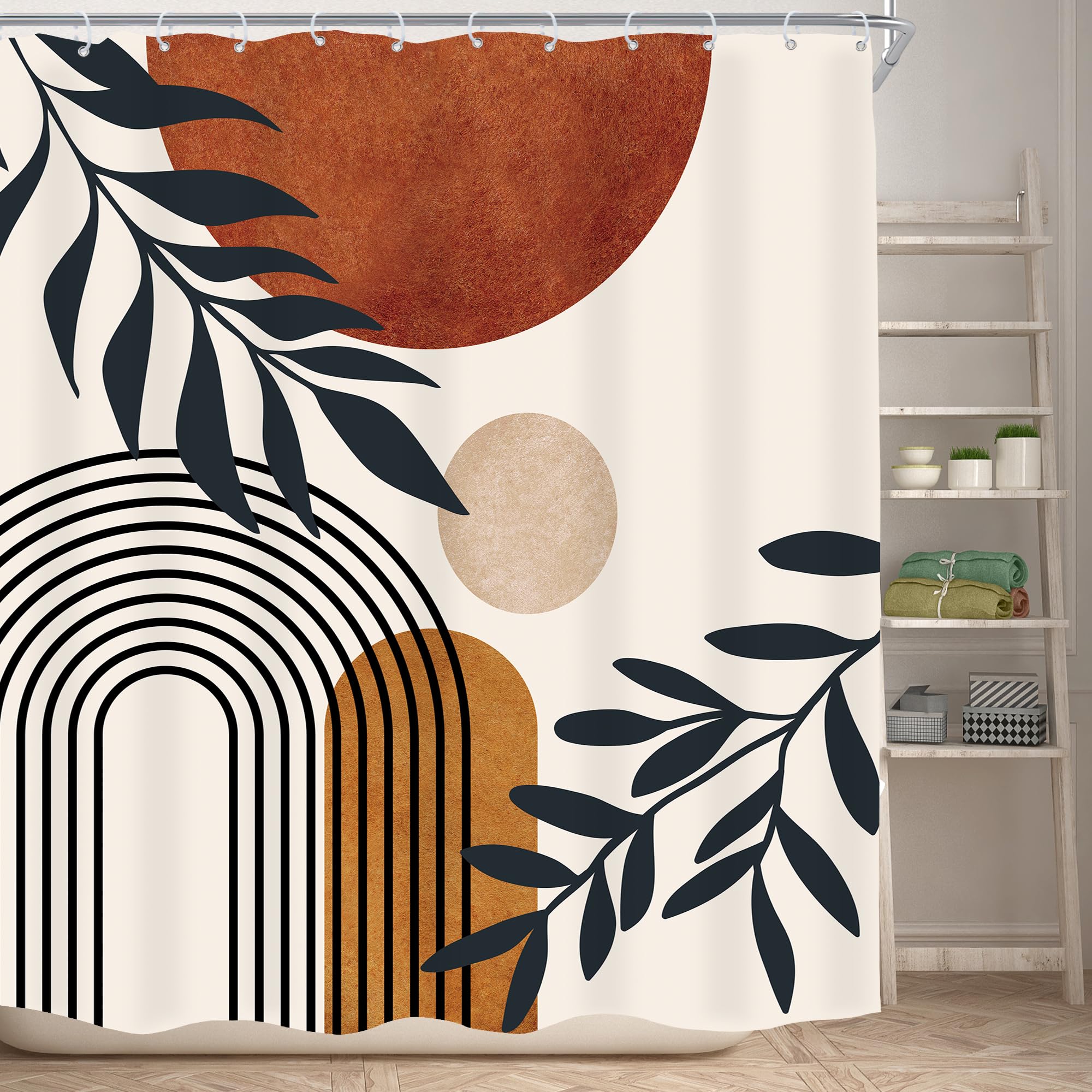 Komllex Boho Abstract Mid Century Shower Curtain Modern Aesthetic Leaves Neutral Minimalist Geometric Arch Brown Sun Plant Fabri