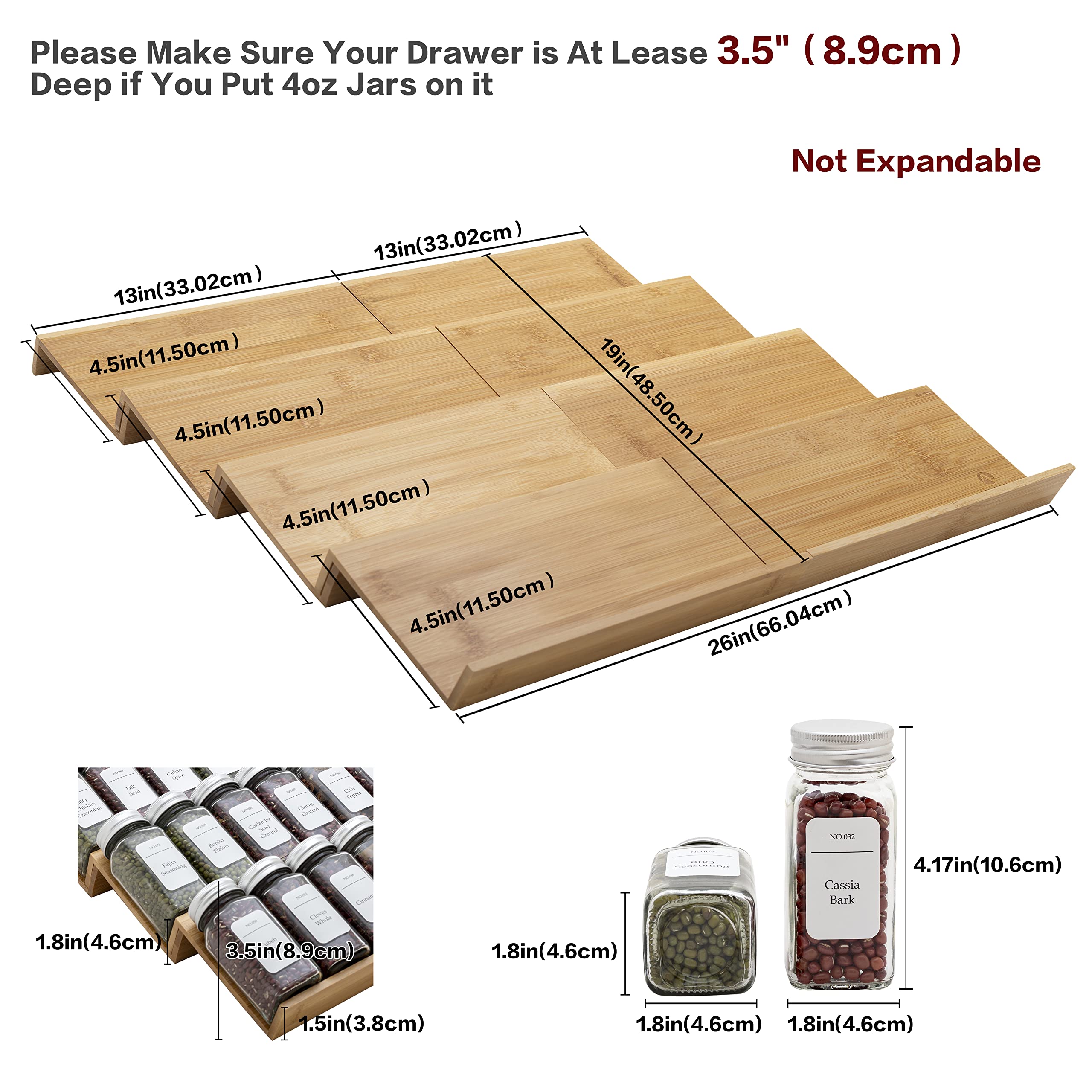 Angimio Bamboo Spice Rack Drawer Organizer - 8 Pieces Set- 13'' Wide Per Piece - Combine Pieces Into 26'' Wide Rack (13'' or 26'