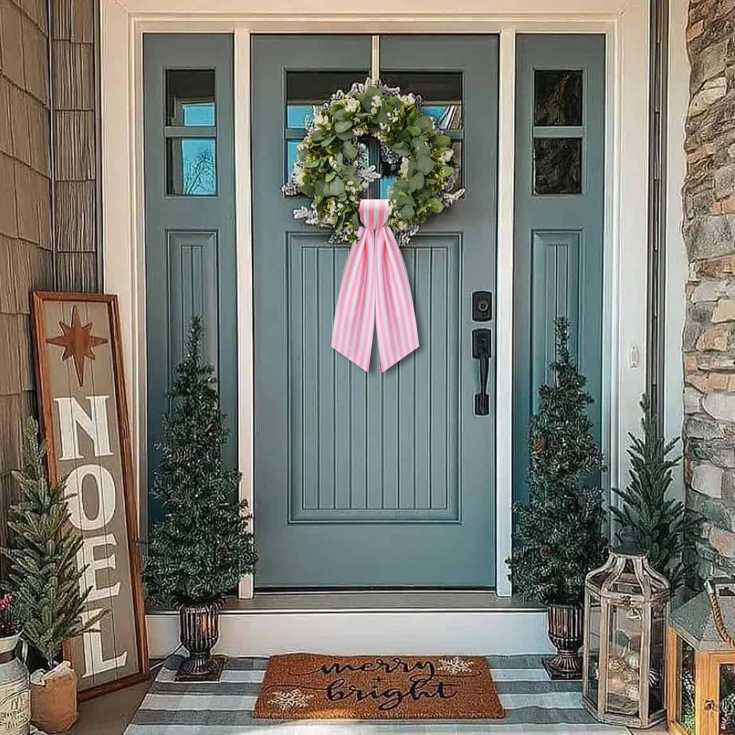 2 Pack Wreath Sash for Front Door Stripe Boxwood Sash Garland Porch Decor Wreath Accessories (Pink and White Stripe)