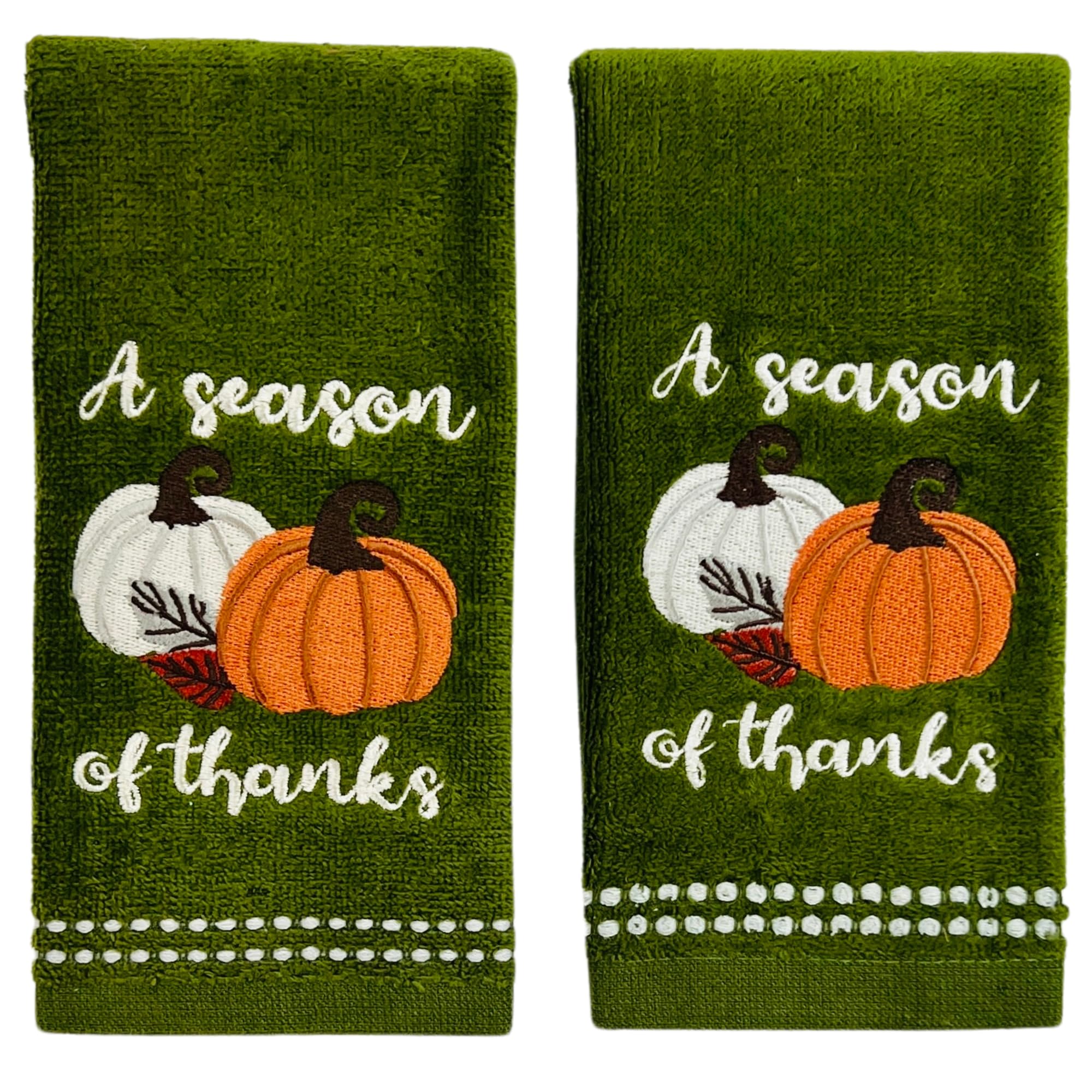 Serafina Home Autumn Fall Bath Fingertip Towels, Forest Olive Dark Green, 100% Cotton, Embroidered A Season Of Thanks Pumpkin De