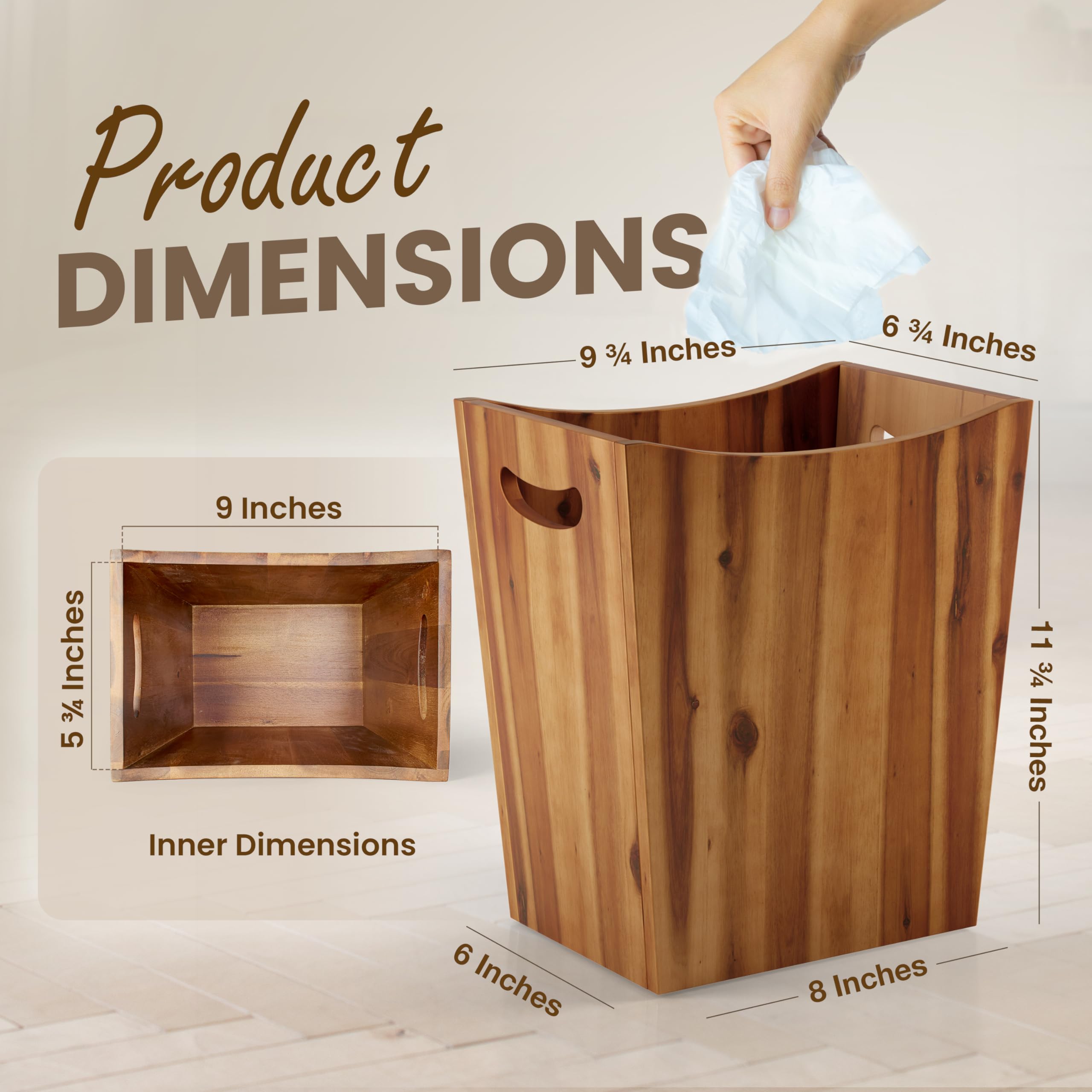 Tidita 2 Gallons Rectangular Wastebaskets - Acacia Wood Waste Basket With Handles - Small Trash Can For Bathroom - Brown Garbage