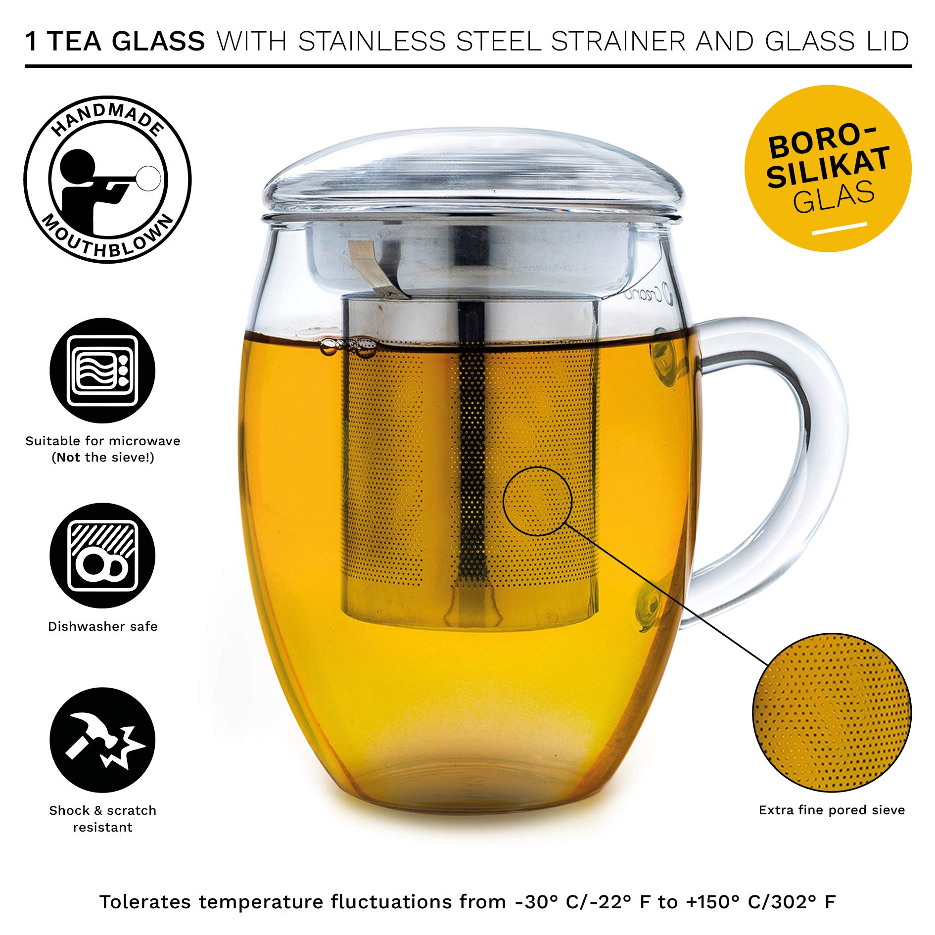 Creano Tea Glass With Stainless Steel Infuser And Glass Lid - 14Oz (400Ml)