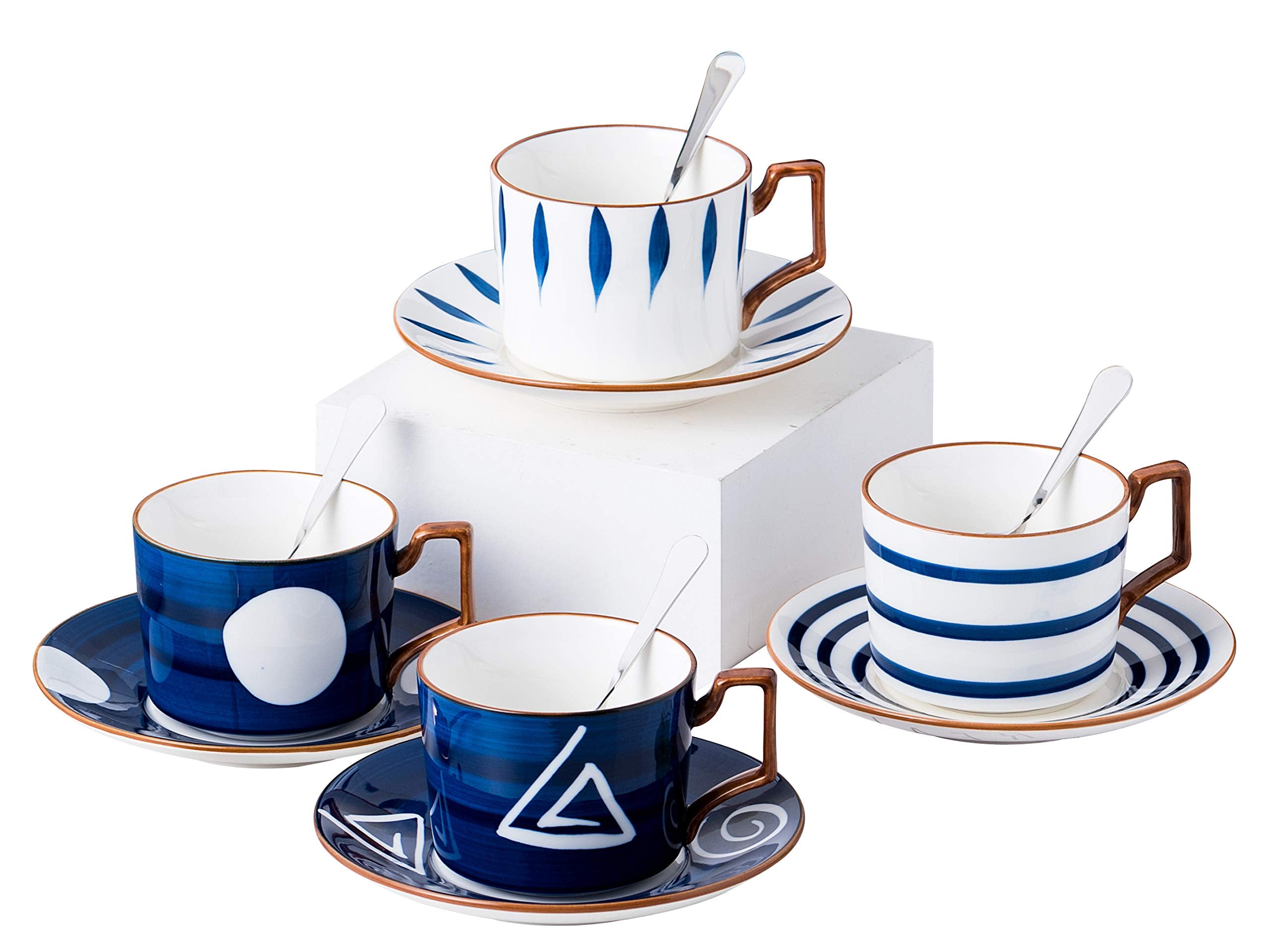 Jusalpha Japanese Style Hand Printed- 7Oz Fine China Tea Cup/Coffee Cup With Spoon And Tray/Saucer Set, Tableware, Serve Of 4, T