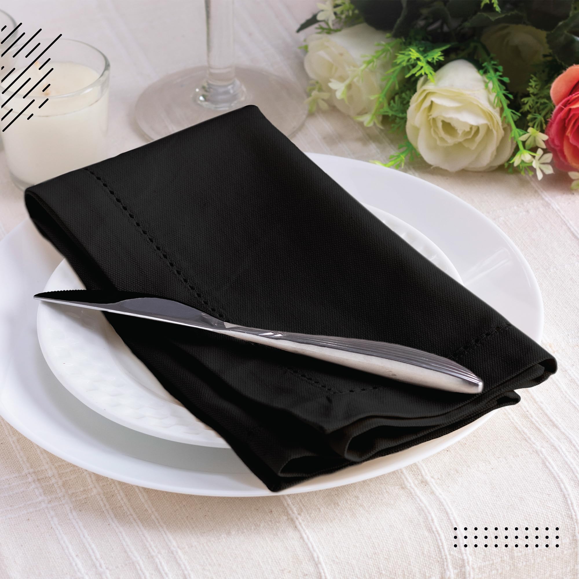 Encasa Homes 100% Cotton Hemstitched Dining Table Napkins Of Size 17 X 17 Inch (Square) - Black - Set Of 4 | Perfect For Party,