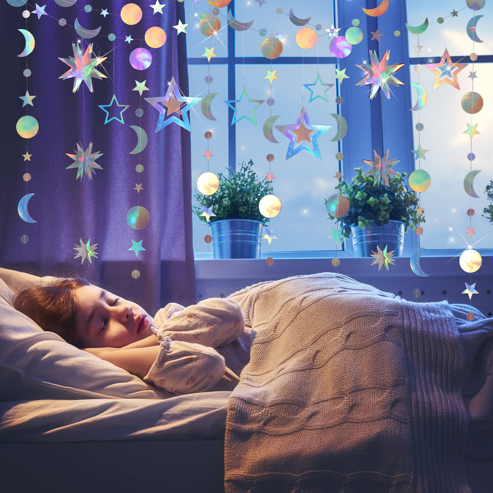 7 Pcs Iridescent Moon Star Garland Streamer, Bling Bling 3D Twinkle Little Stars Hanging Decor Backdrop For Baby Shower Birthday
