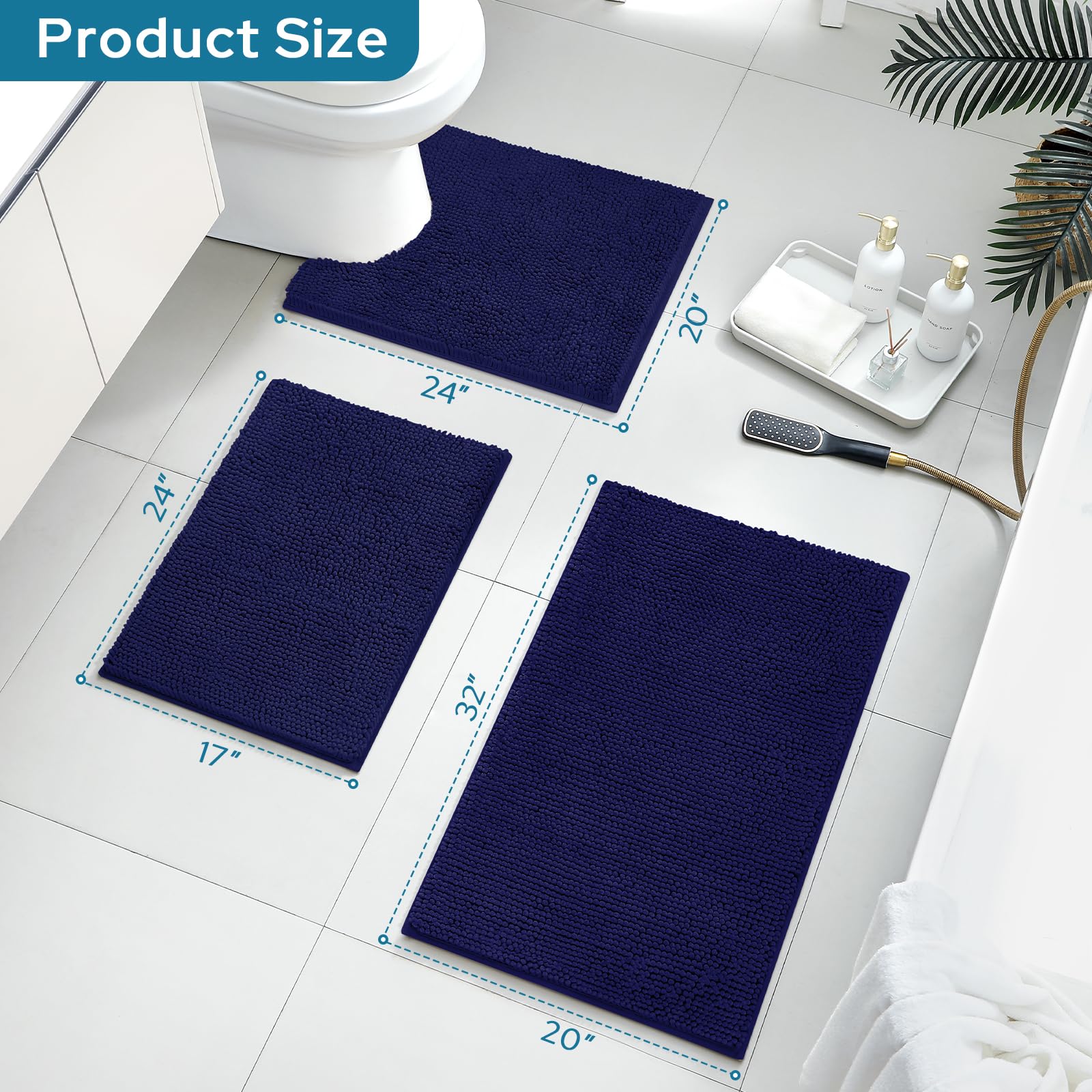 BYSURE Navy Blue Bathroom Rugs Sets 3 Piece Non Slip Extra Absorbent Plush Chenille Soft Washable Bath Rugs and Mats Set