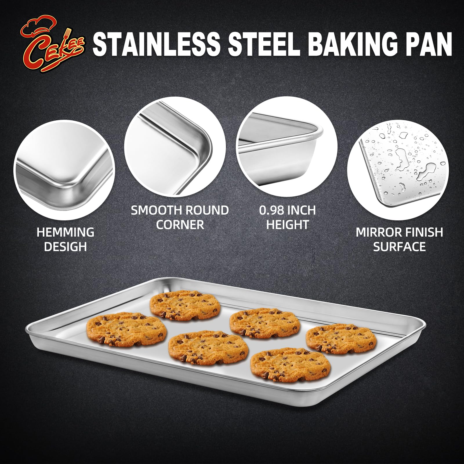 4 Pieces Quarter Sheet Pan, Cekee Stainless Steel Cookie Sheets For Baking, Baking Sheets For Oven, Baking Pan Tray Cookie Pan,