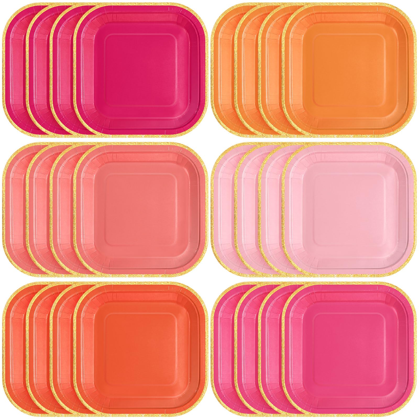 Tiangrid 60 Pcs Orange and Pink Paper Plates 7 Inch Gradient Disposable Square Dessert Party Plates with Gold Edge for Birthday 