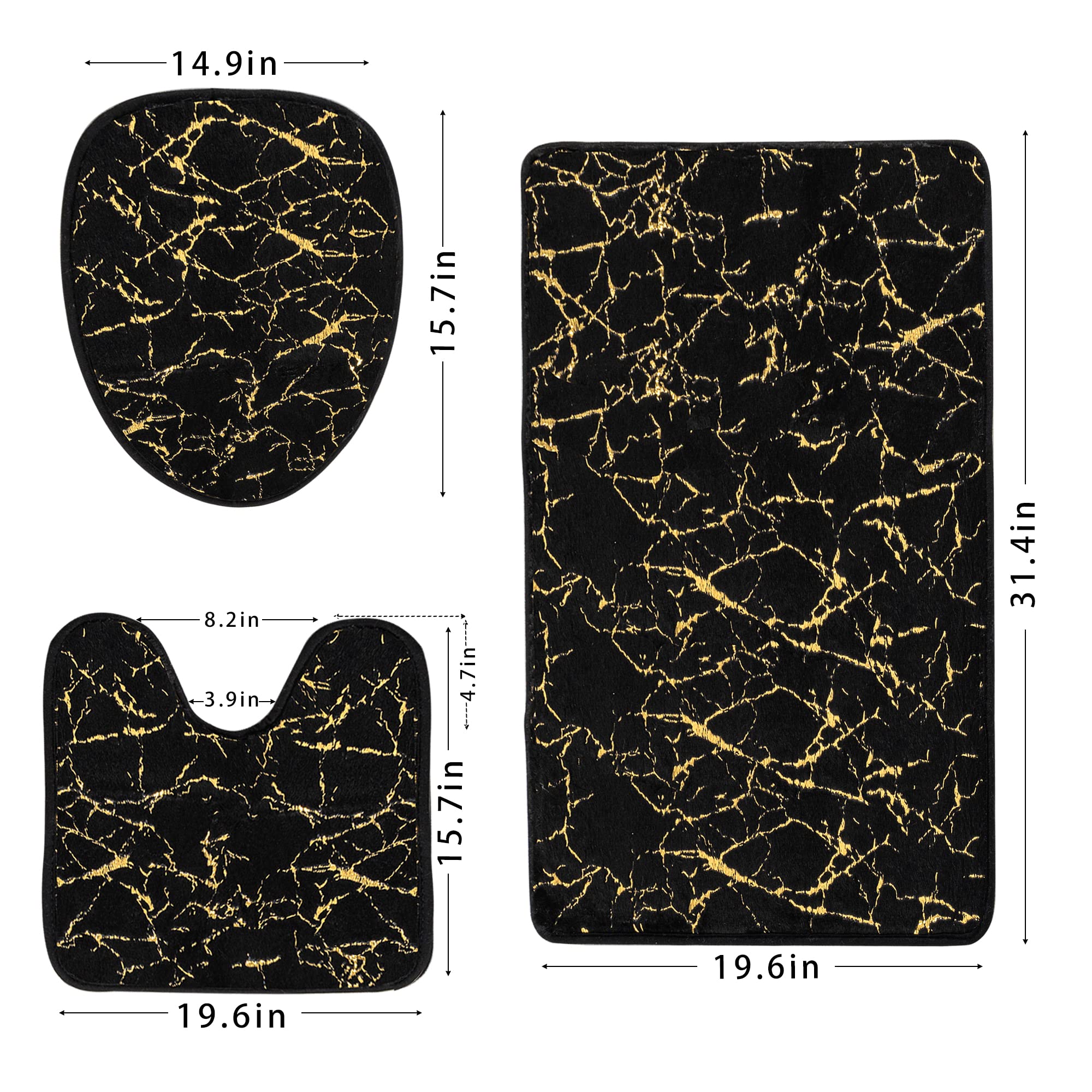 Marble Bathroom Rugs and Mats Set 3 Piece Nonslip Black Gold Bathroom Mats Soft Washable Bath Mats for Bathroom Floor Mats Carpet Water Absorbent Shower Rug with U-Shaped Contour Rug Toilet Lid Cover