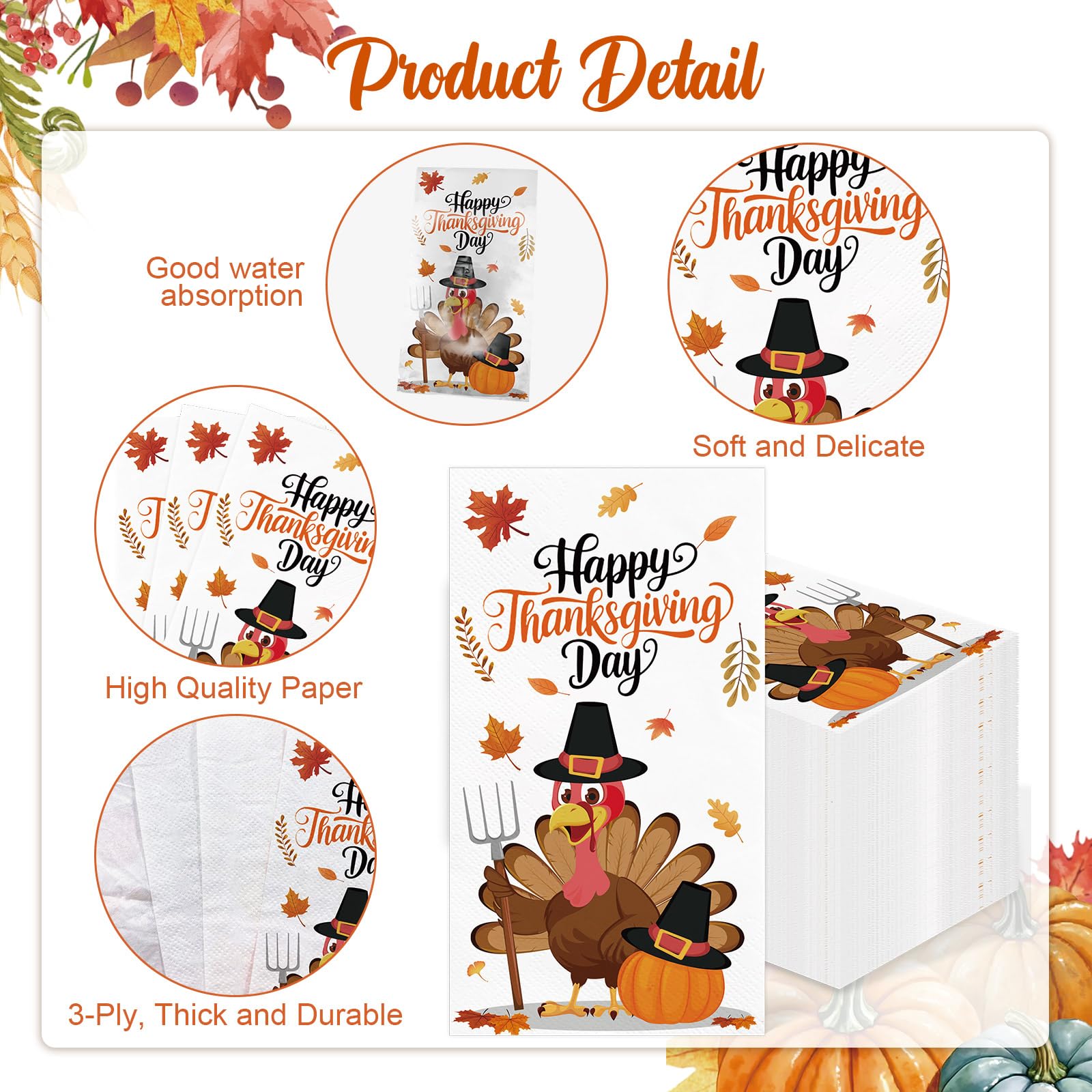 IANFEPH 100 Pcs Fall Thanksgiving Napkins 3 Ply Disposable Bathroom Guest Paper Towels Turkey Pumpkin Decorative Dinner Napkins