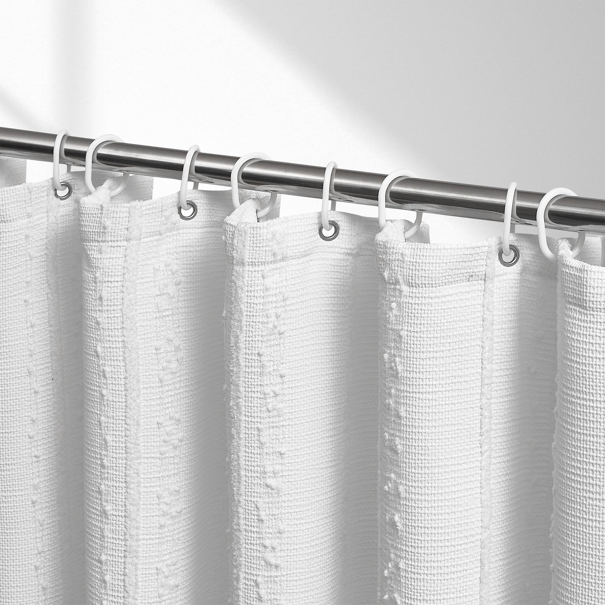 Lameirose Extra Long Farmhouse White Shower Curtain Boho, 72 X 84 Cotton Blend Tufted Weave Waffle Stripe Textured Heavy Duty, F