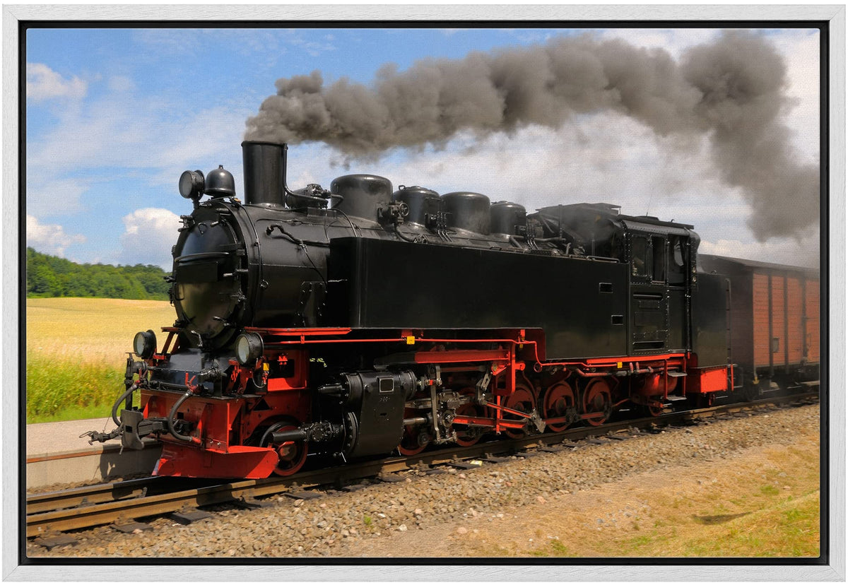 Steam Train With Black Smoke Running On Island Rugen Northern Germany - Framed Canvas Art Wall Art - 16''X24'' White