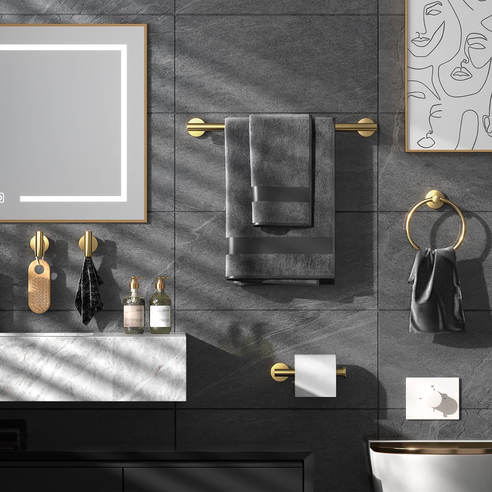 Bathroom Hardware Set Brushed Gold, 10Pcs Towel Bar Set Including 2Pcs16 Inch Towel Bars, Toilet Paper Holders, Towel Rings And