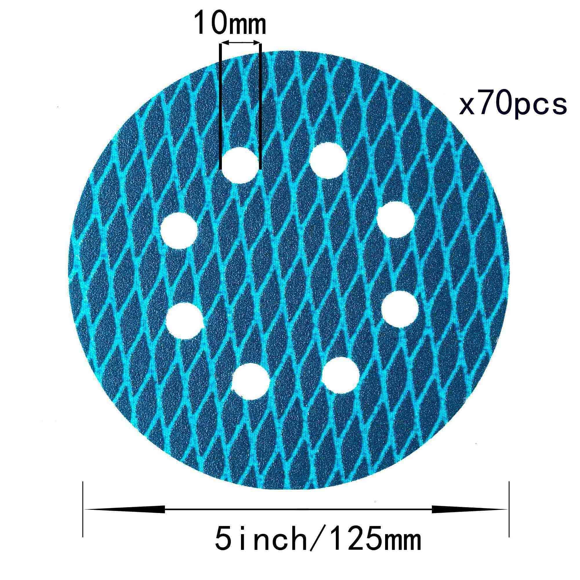 Orbital Sander Sandpaper 5 Inch 8 Hole Sanding Disc Hook And Loop Pads Sand Paper 120 Grit For Wood Metal 70 Pcs Blue Aluminum O
