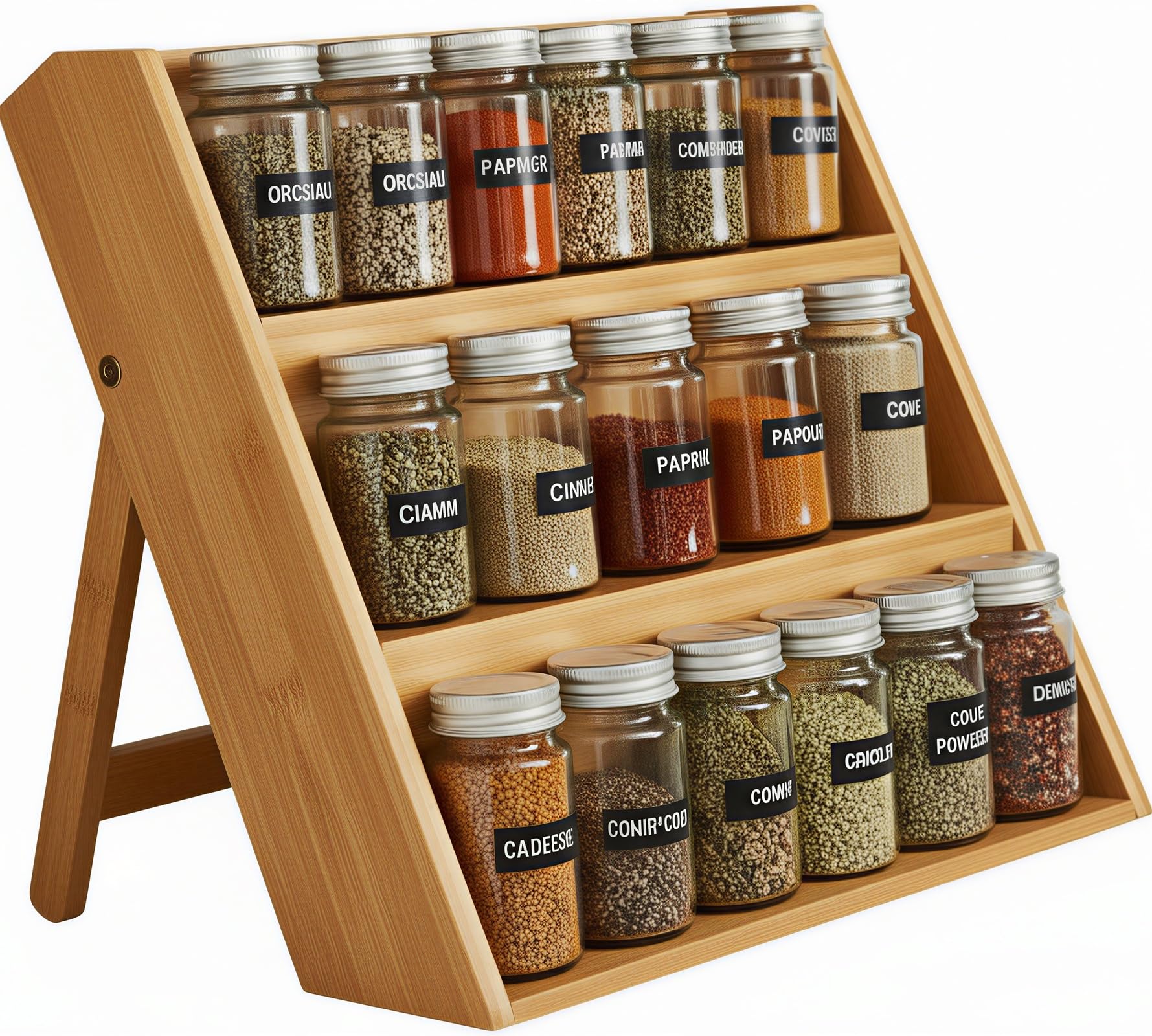FoverOne Bamboo Spice Rack Organizer for Kitchen Counter, 3 Tier Foldable Spice Shelf for Cabinet or Drawer (Jars Not Included)
