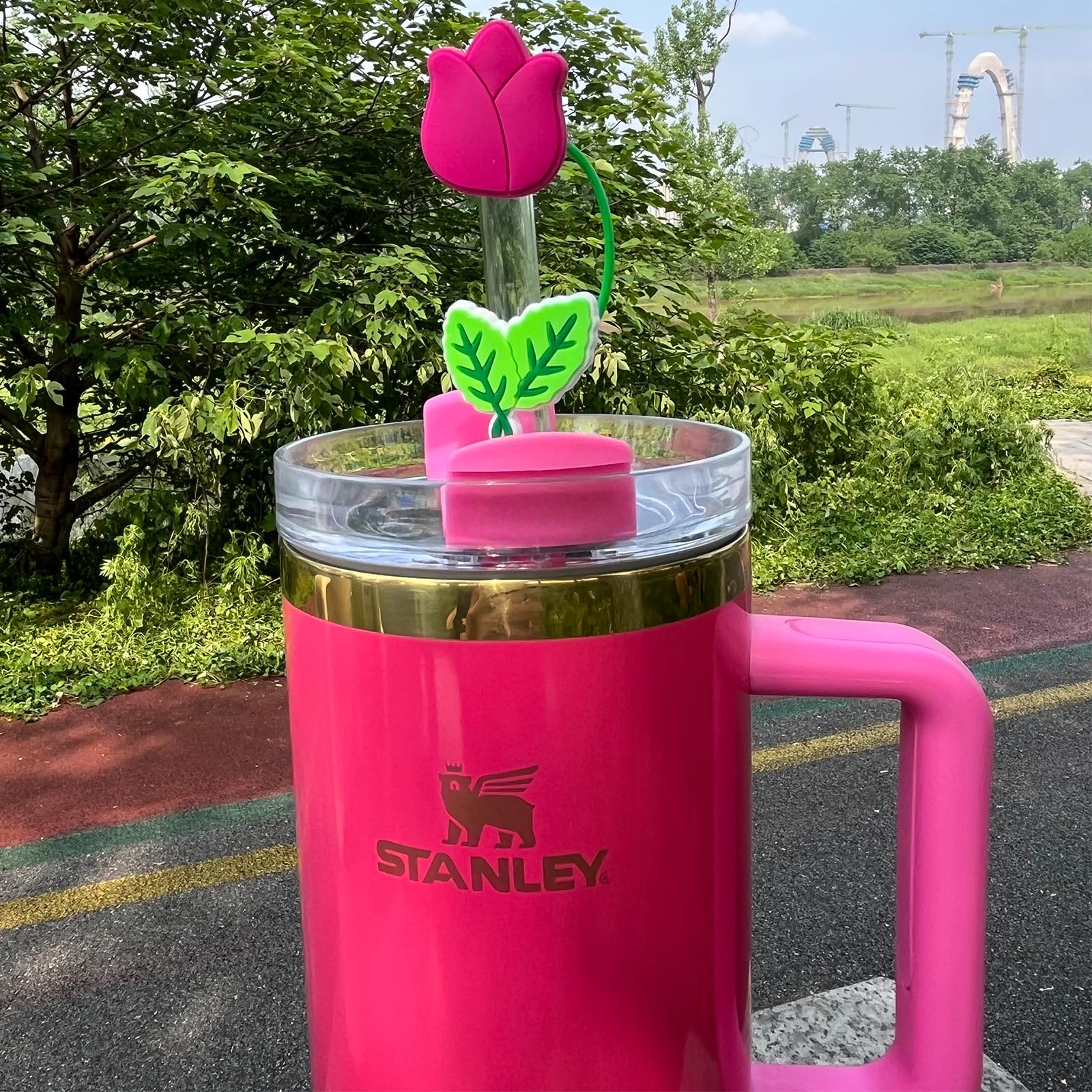 Amreich Tulip Flower Straw Covers, 4 Pcs Fuchisa Straw Cover Cap Compatible With 30 40 Oz Tumblers, Silicone Straw Toppers For P