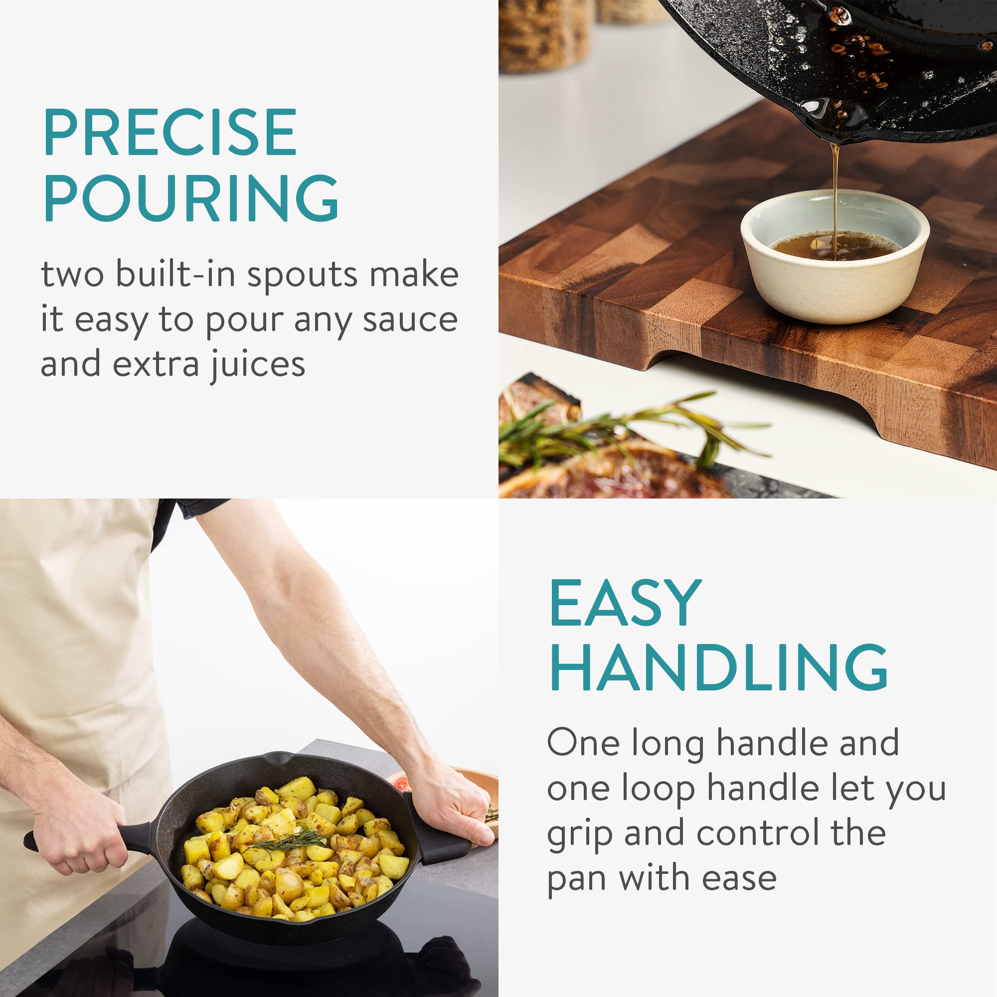 Navaris Cast Iron Skillet - 12 inch Cast Iron Pan - Seasoned Cookware for Frying  Cooking  Oven  Stove Top  Camping - Includes Silicone Handle Covers