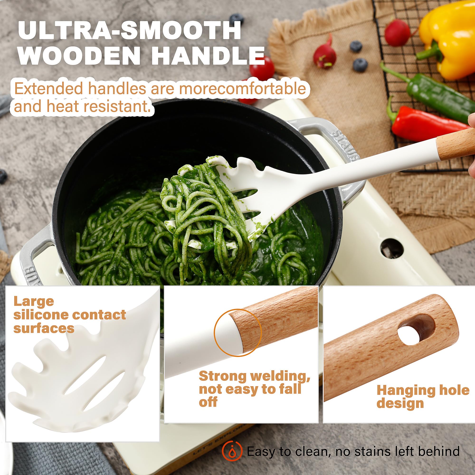 Qmvess Large Silicone Cooking Utensils Set 7 Pcs Heat Resistant Kitchen Utensils Set Food Grade Silicone And Wooden Handles Spat