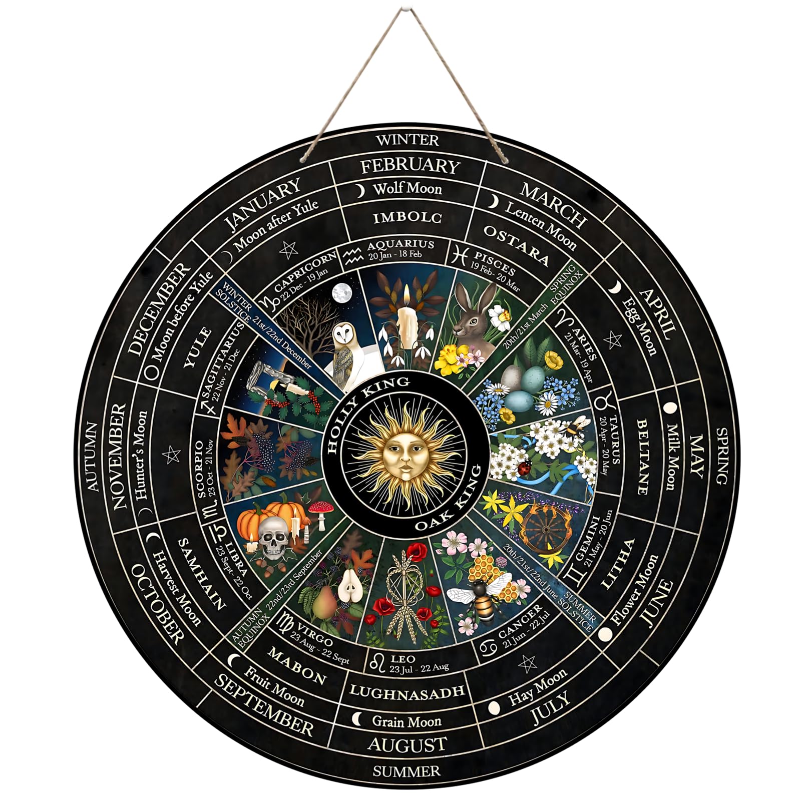 WBQMUNY Wheel of The Year Wood Sign 12,Sabbats Pagan Sign Witches Runes Wood Engraved Board Wiccan Holidays,Wicca Calendar,Yule 