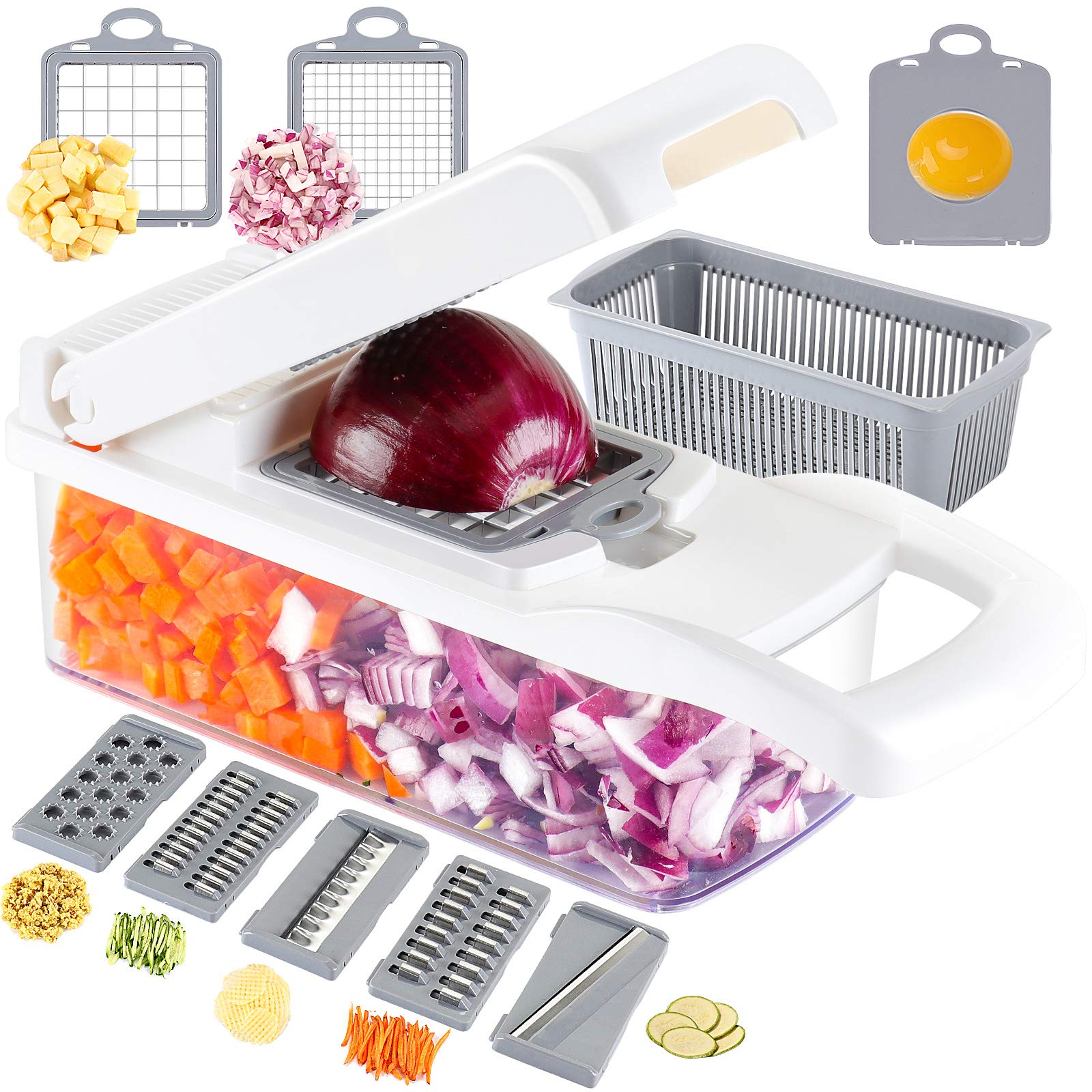 Ourokhome Onion chopper Vegetable Dicer - 7 Blades Mandolin Slicer Pro cutter with Egg Separator and Drain Basket(White)A