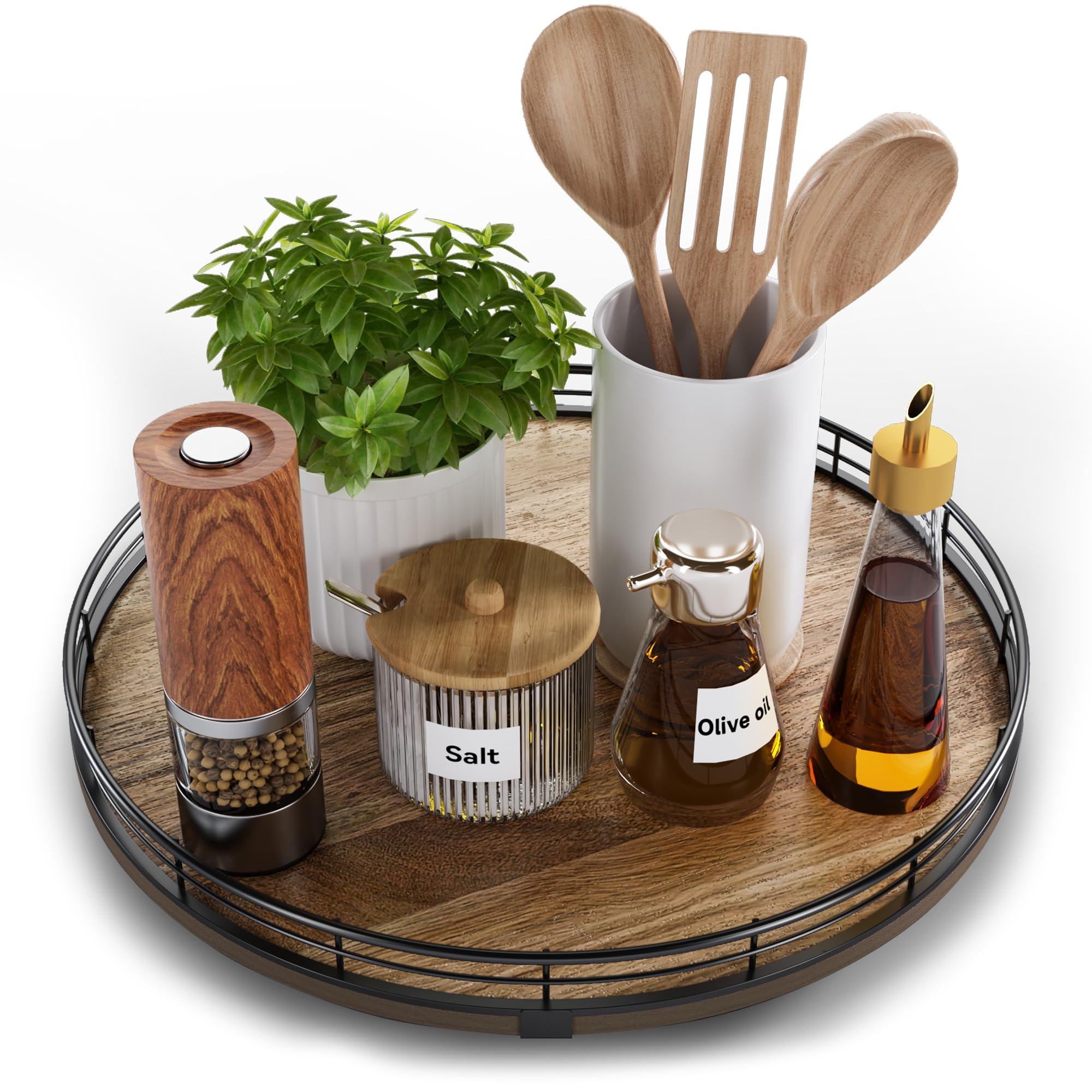 Acacia Wood 13 Lazy Susan Turntable Organizer for Table Top, Farmhouse Round Wooden Lazy Susan for Cabinet Kitchen Centerpieces 
