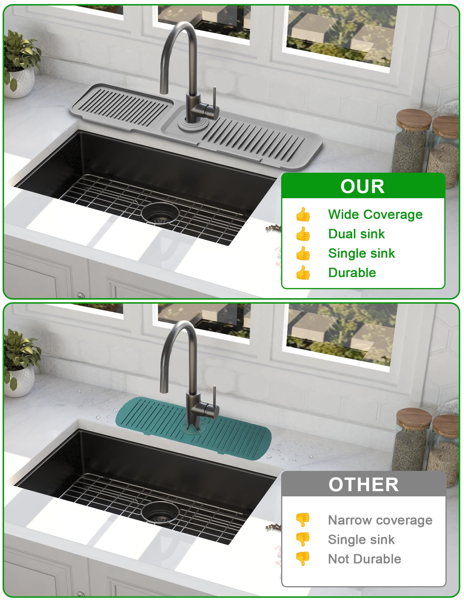 Kitchen Sink Splash Guard, 5Slope Draining Mat For Kitchen Sink, 24 Inch Sink Faucet Mat, Silicone Sink Faucet Mat Splash Guard,