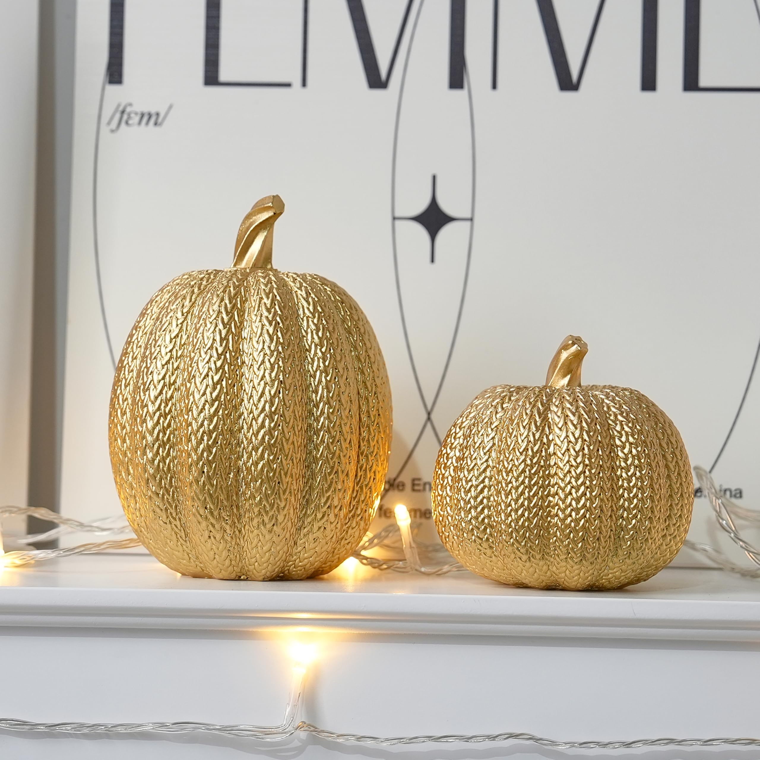 FESTGLOX Pumpkin Fall Decor Indoor - Gold Pumpkin for Decorating, 2Pcs Resin Pumpkins Decor with Woven Effect, Thanksgiving Tabl
